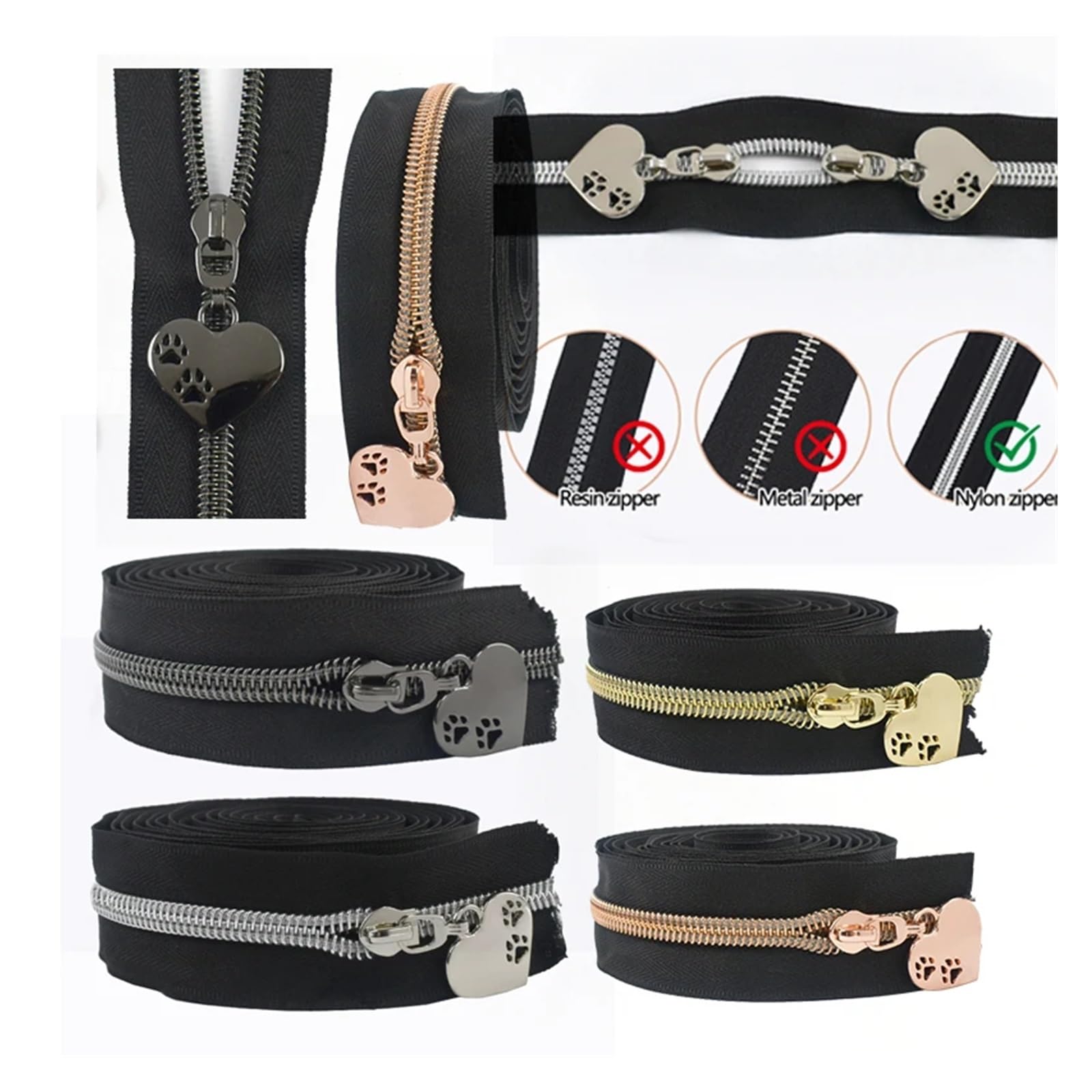 2/3/10M 5# Cerniera In Nylon Al Metro + Cerniere Tira Borsa Scarpe Cerniere Cursori Borsa Indumento Zip Testa chiusura Kit di Riparazione Accessori(Black,10Meter)