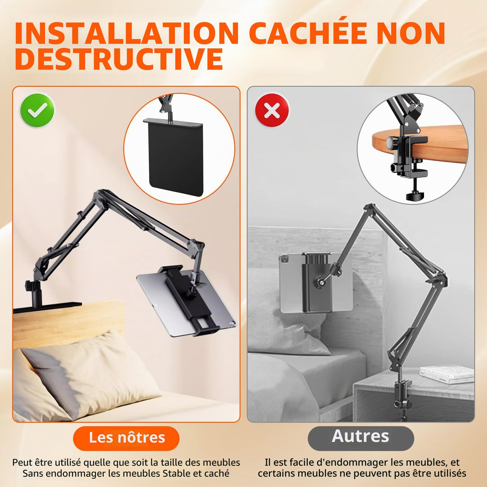 Support de tablette mains libres pour lit avec bras long réglable – Support pliable en métal pour Kindle, tablettes, iPad et téléphone portable, design caché, n'endommage pas les meubles (NB