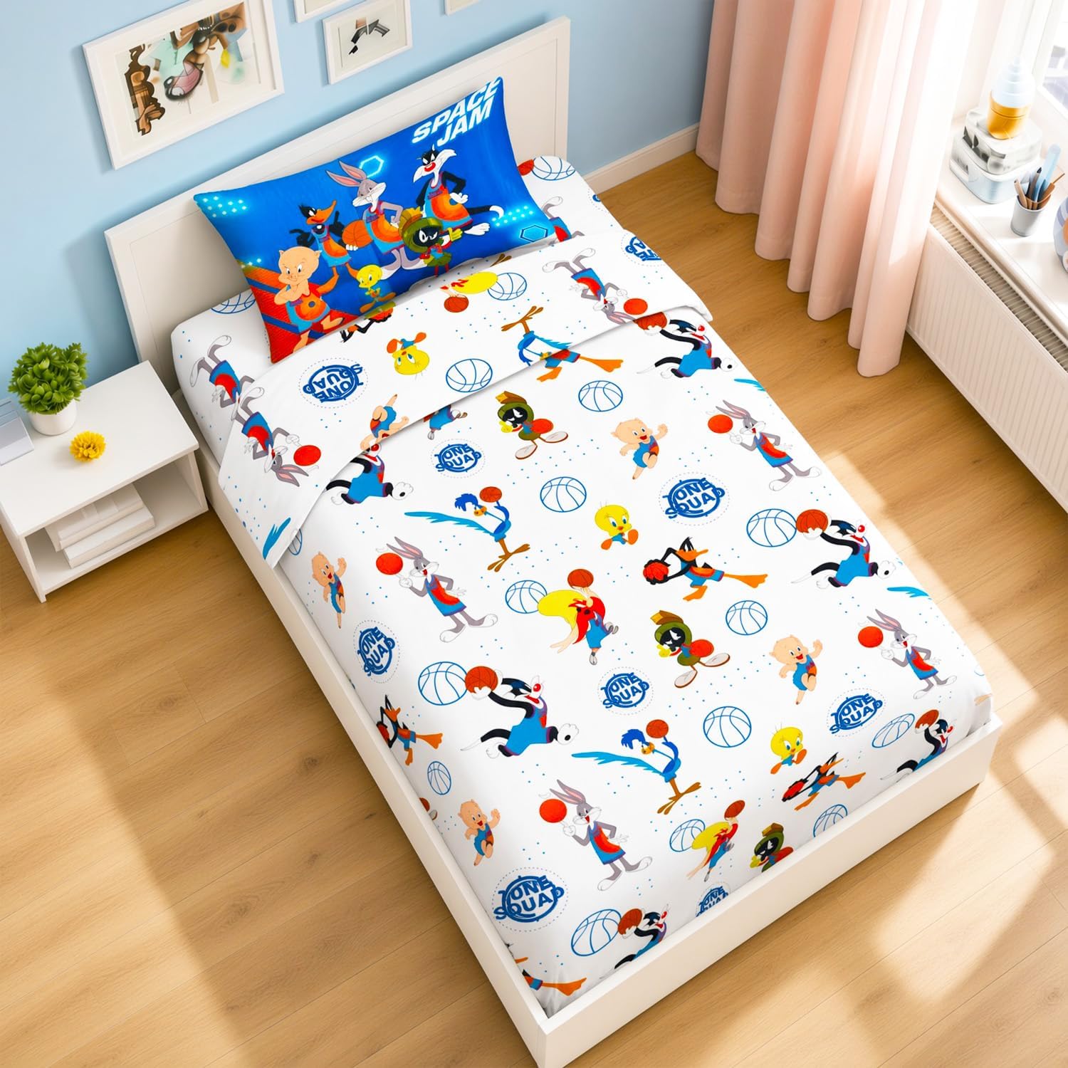 WARNER BROS PICTURES Looney Tunes Space Jam Bedding - Twin Bed Set Includes 1 Flat Sheet, 1 Fitted Sheet, 1 Pillow Case, Stickers image 2