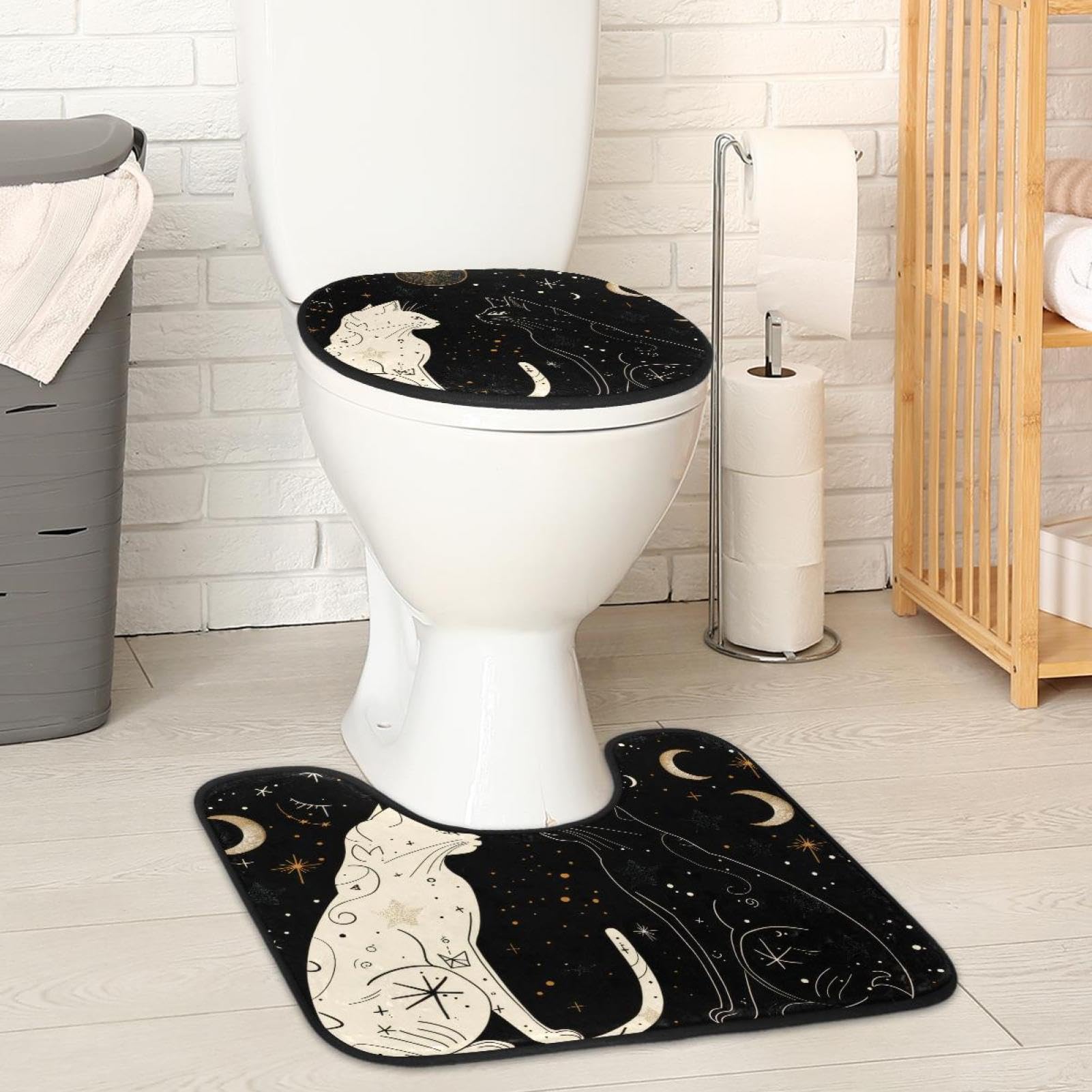 MUOOUM Toilet Lid Cover and U-Shaped Toilet Floor Mat Set of 2 Pieces, White Black Cat Stars Toilet Mat Set, Machine Washable Seat Covers Non-Slip Absorbent Rugs