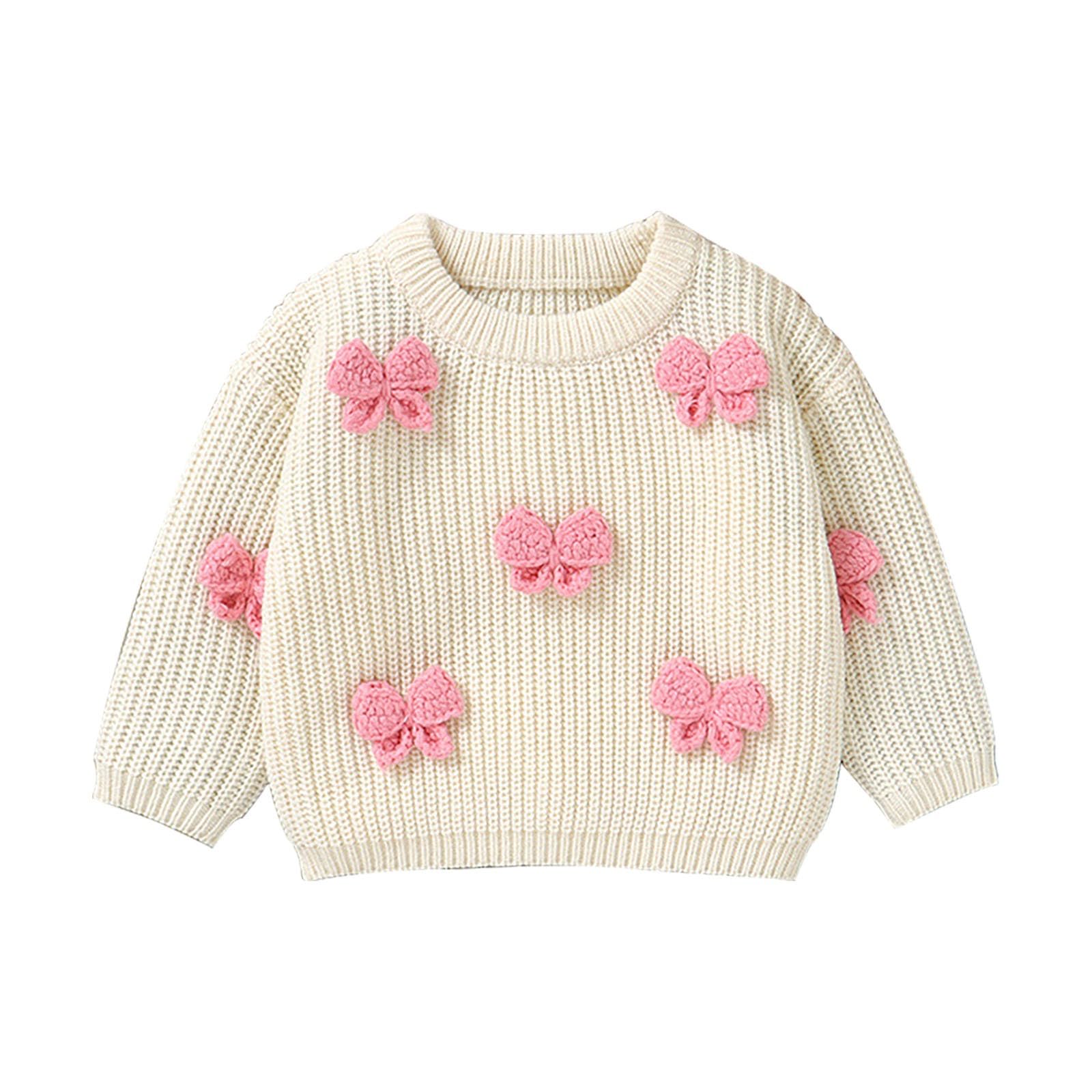 RNTOP Baby Girls Boys Knit Sweater Pullover Toddler Crewneck Long Sleeve Jumper Handmade Bow (White, 6-9 Months)