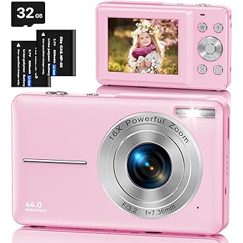 digital camera with 32 GB card 1080p fhd 44mp children's camera 2.4 inch LCD 16x digital zoom compact camera portable camera with 2 batteries camera for children teenagers beginners pink