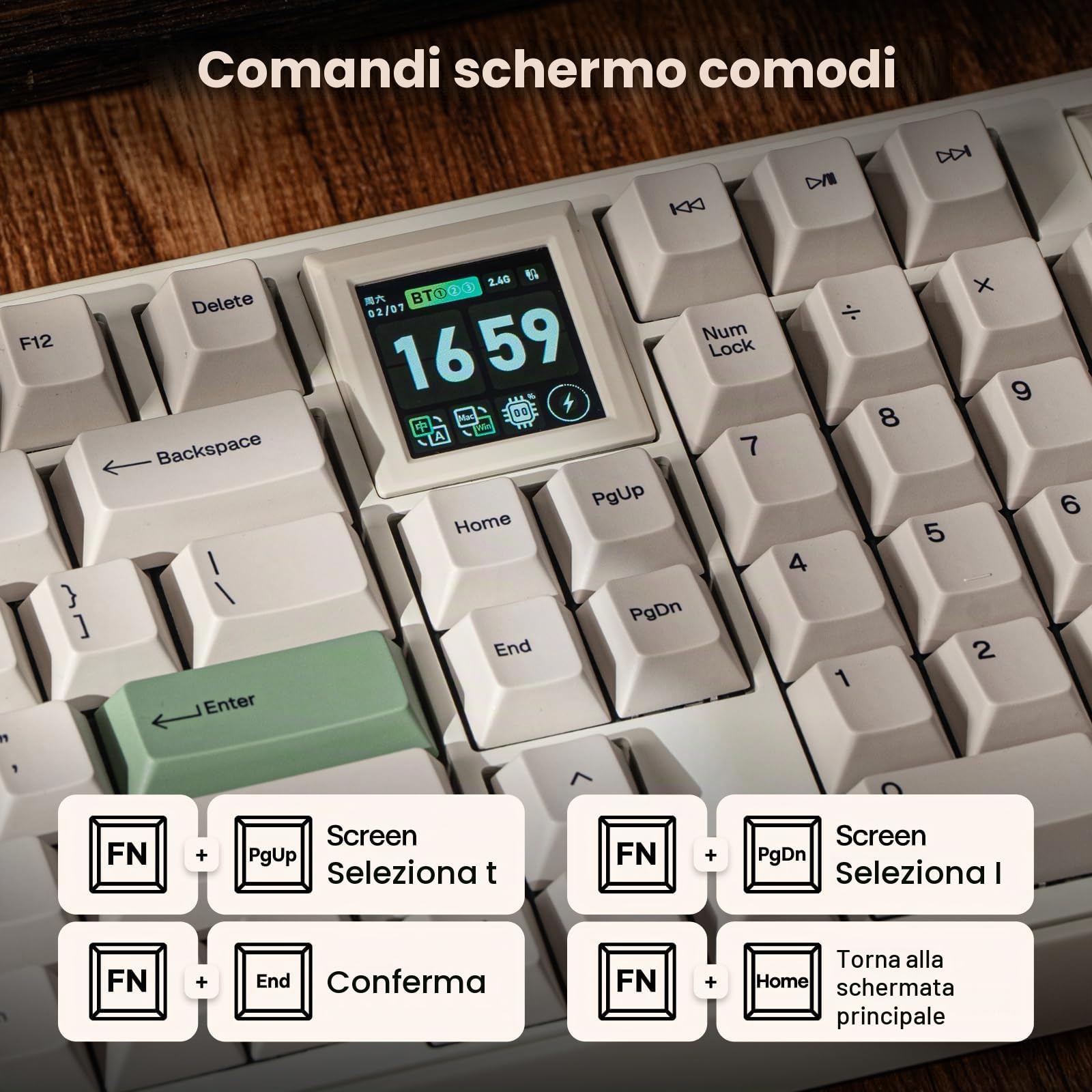 EPOMAKER RT100 PRO Tri-Mode Tastiera Meccanica, 1.54" Hot-Swap Screen, Knob, Retro PBT Keycap, Mac Keys, Thocky Gasket, Custom Driver, RGB, BT/2.4G Wireless Gaming Keyboard (Bianco, Sea Salt Silent)