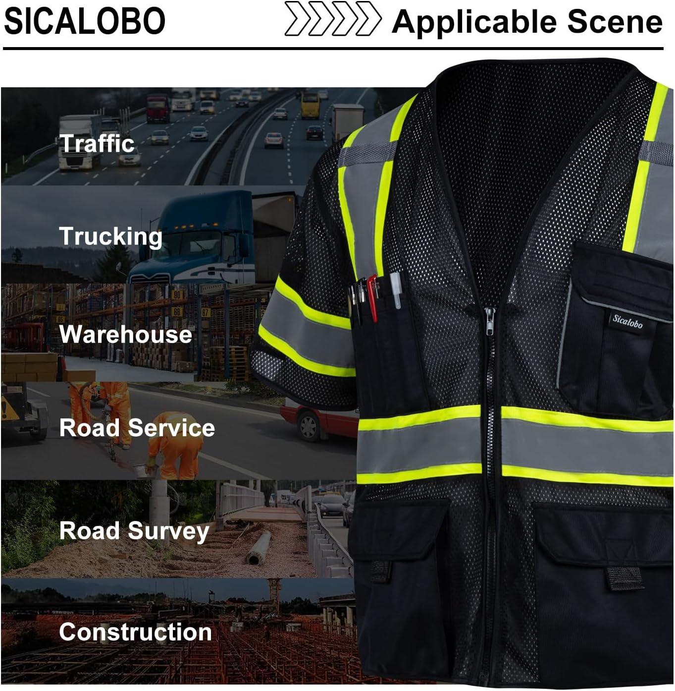 Men's High Visibility Safety Mesh Vest with 10 Pockets,Hi Vis Class 3 Reflective Work Vests Zipper Front Workwear - Image 6