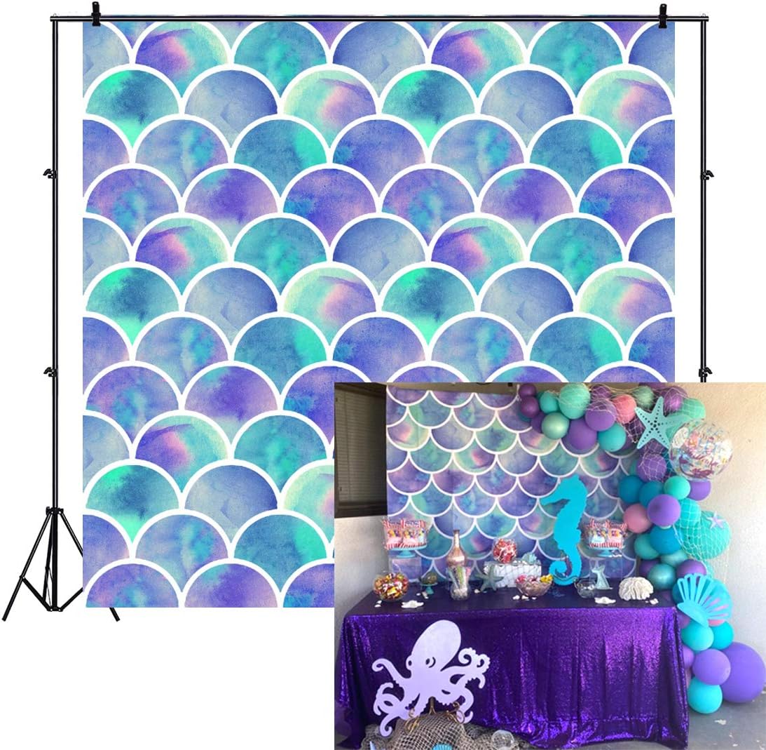 Laeacco 8x8ft Mermaid Party Backdrop Gradient Green Scales Photography Background Girls Princess Newborn Baby Shower Birthday Party Decor Banner Wallpaper Girls Portrait Photo Studio Shoot Prop