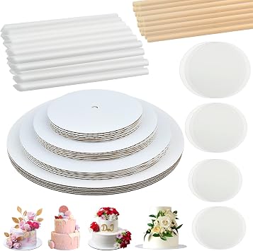 230PCS Cake Tier Stacking Kit, 12, 10, 8, 6-Inch Cakes Cardboard Rounds with Parchment & Wooden/Plastic Cake Dowels, for Wedding, Birthday Party Cakes and Dessert Displays