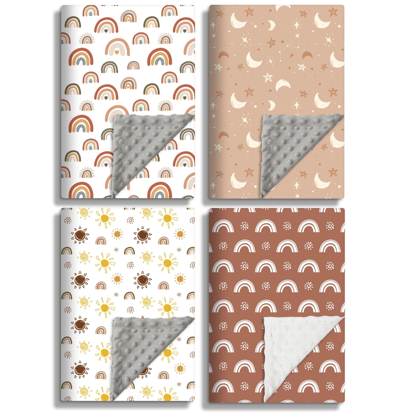 4 Pack Soft Boho Baby Blankets for Unisex Girls or Boys - Breathable Gender Neutral Nursery Double Layer Blankets with Dotted Backing and Boho Print for Newborn Toddlers
