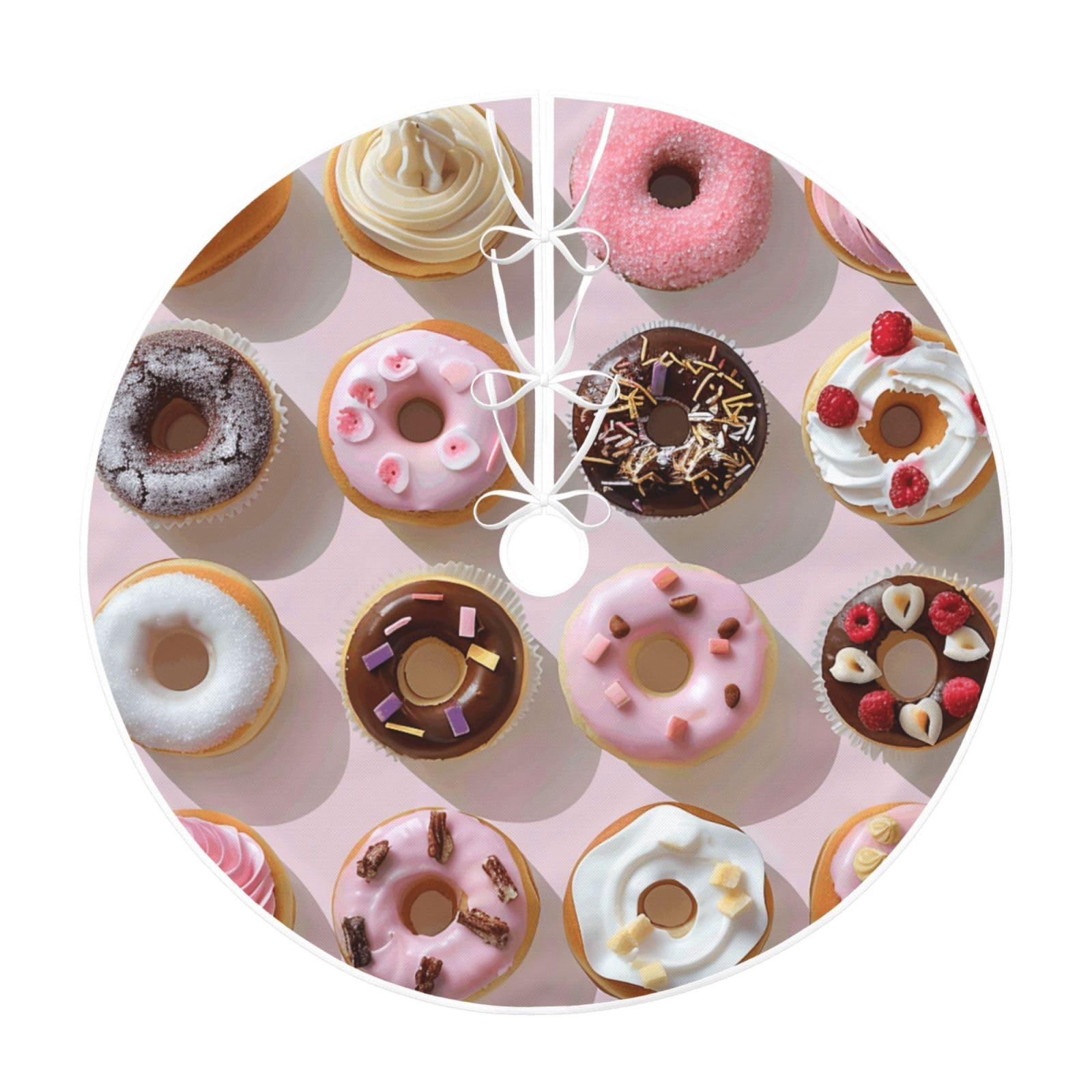 Cupcakes Donuts Muffins Sugar Printed Imitation Linen Christmas Tree Skirt with Hemp Bandage, Xmas Tree Cover Mat for Christmas New Year Party Home Decor, 30 inch