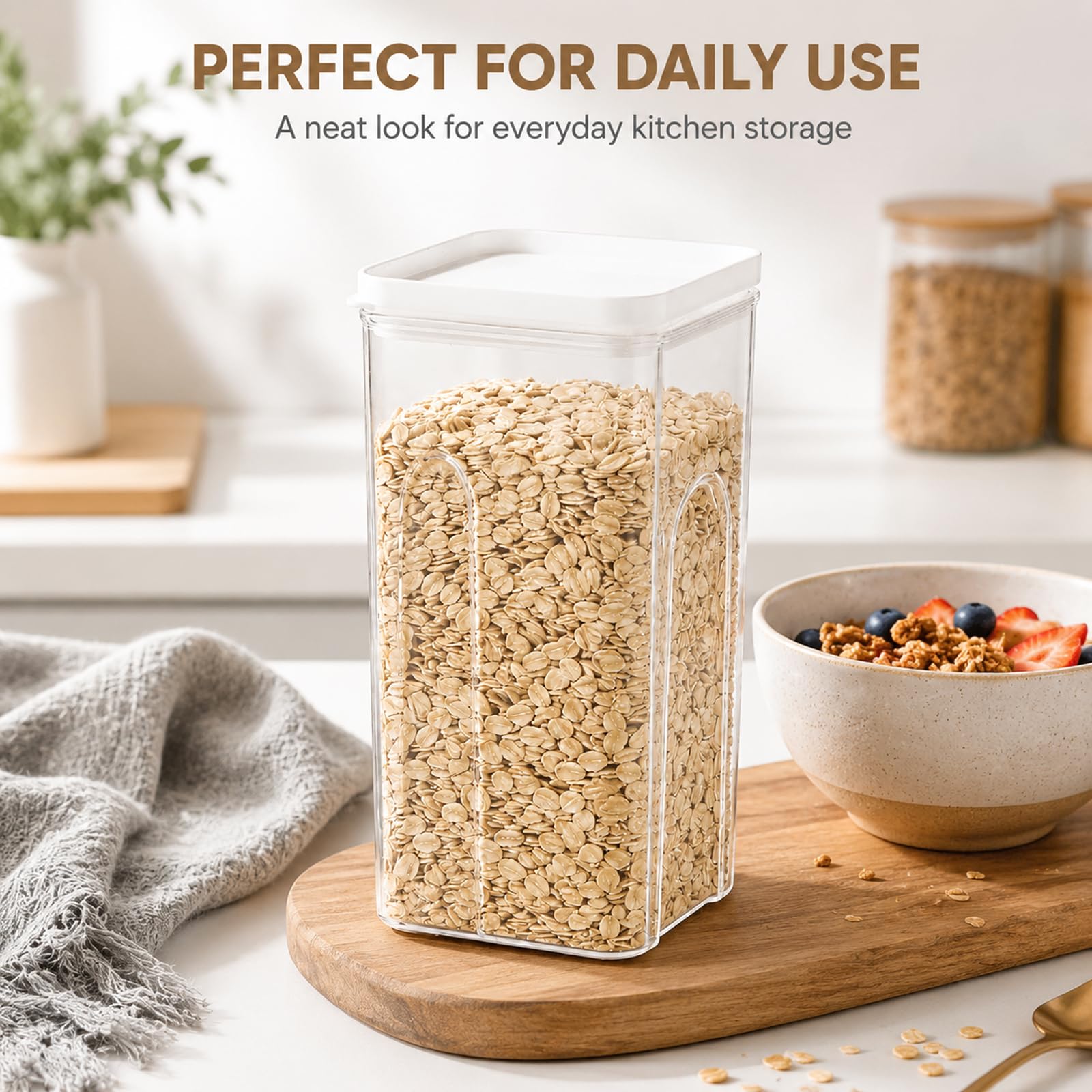 Barattolo Alimentare in Plastica con Coperchio (1500ml), Contenitore Ermetico per Alimenti, per Conservare Cereali, Farina, Chicchi di Caffè e Pasta
