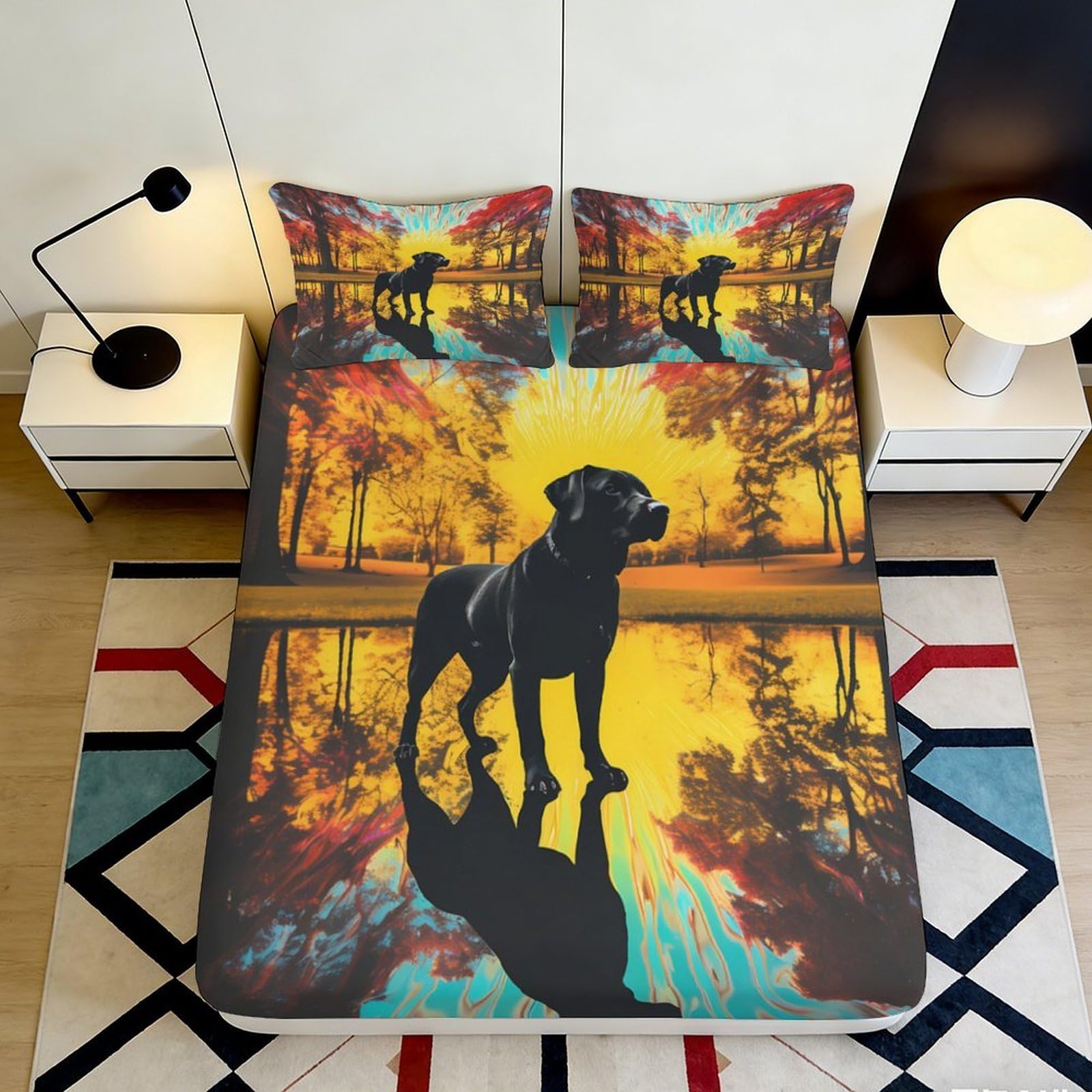 3D Printed Sunrise Forest Dog Fitted Sheet Microfiber Soft Anti-Slip Autumn Lake Bed Cover for Bedroom Decor 120x200x25cm