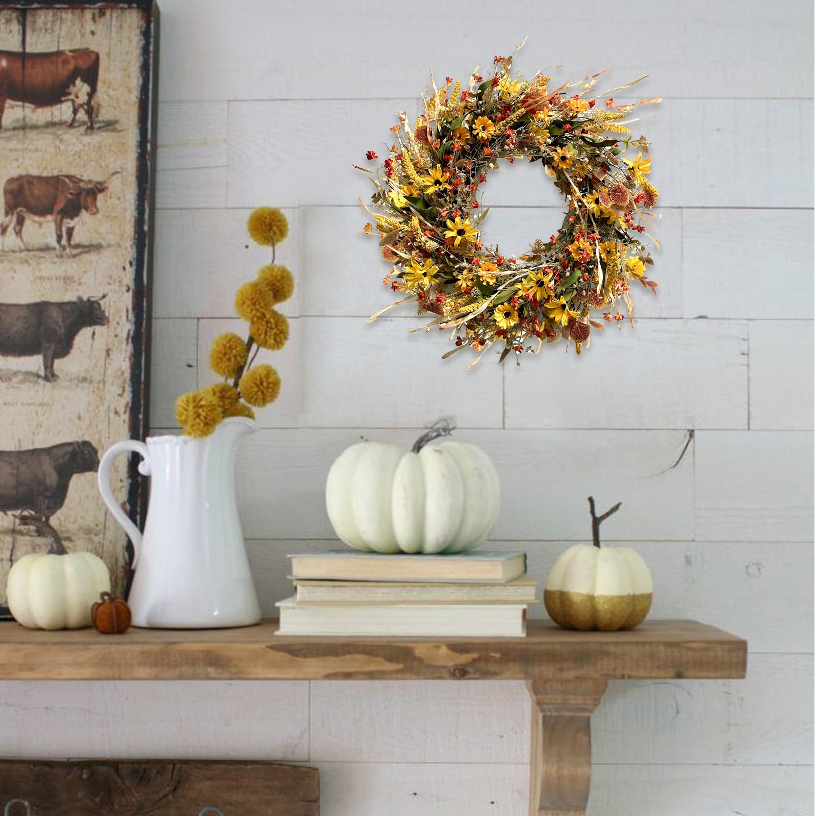 Couronne de feuilles d'eucalyptus en forme de marguerite jaune d'automne de 61 cm pour porte d'entrée, couronne de fleurs jaunes d'automne avec pics à grains et fleurs sauvages pour intérieur