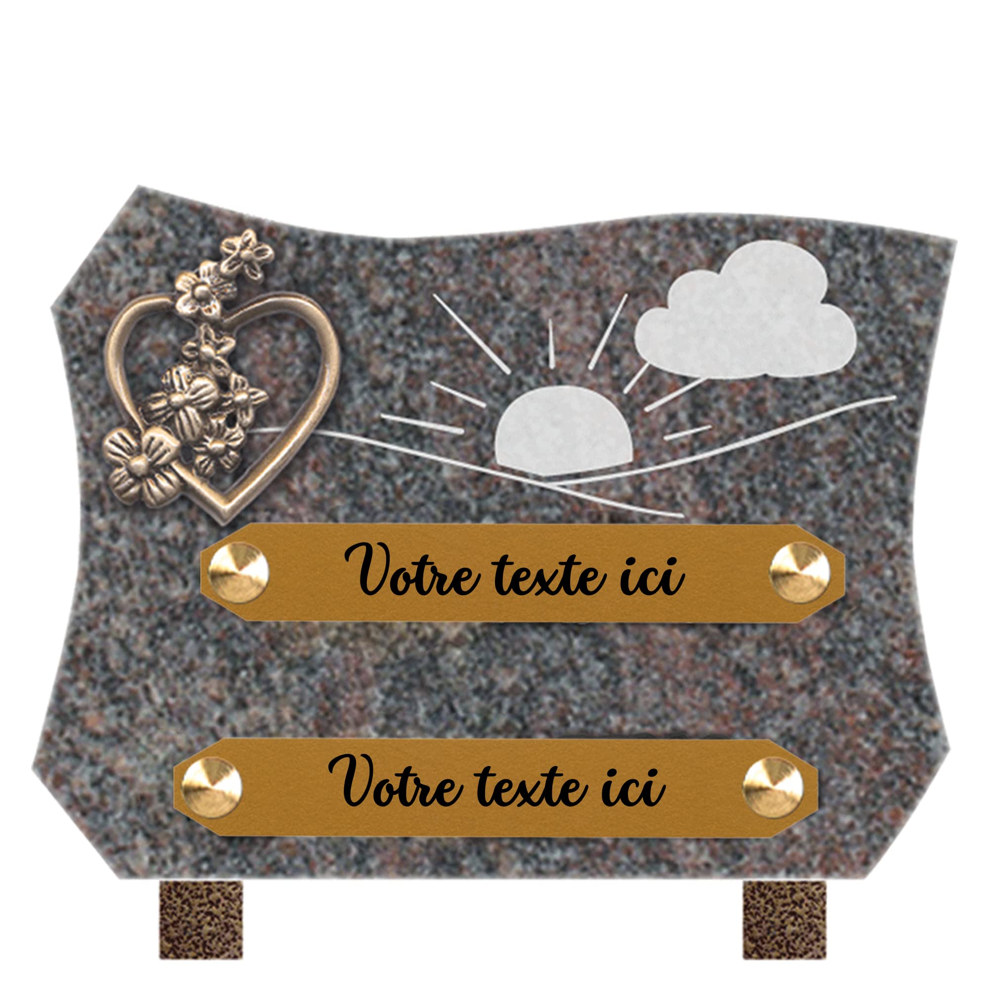 Plaque funéraire personnalisée - Granit - assemblée en France - gravure soleil nuage bronze coeur - H 15 X L 20 cm - 2 textes