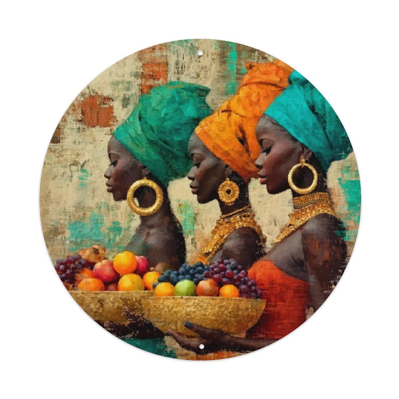 African Women With Fruit Bowls Retro Metal Sign Round Tin Sign, Vintage Decor Art Poster for Bar, Home, Man Cave, Kitchen, Laundry Room Gift 8x8Inch