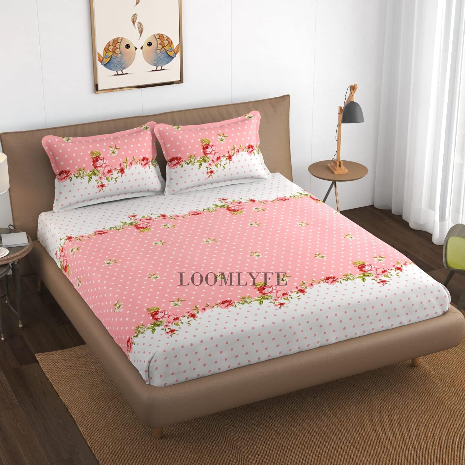 LOOMLYFE 300 TC Cotton Feel Glace Cotton Elastic Fitted Printed Queen Size Double Bed Bedsheet with 2 Pillow Covers Fits Upto 8 inches,Size- 60x78x10 Inches, Pink Center Flower