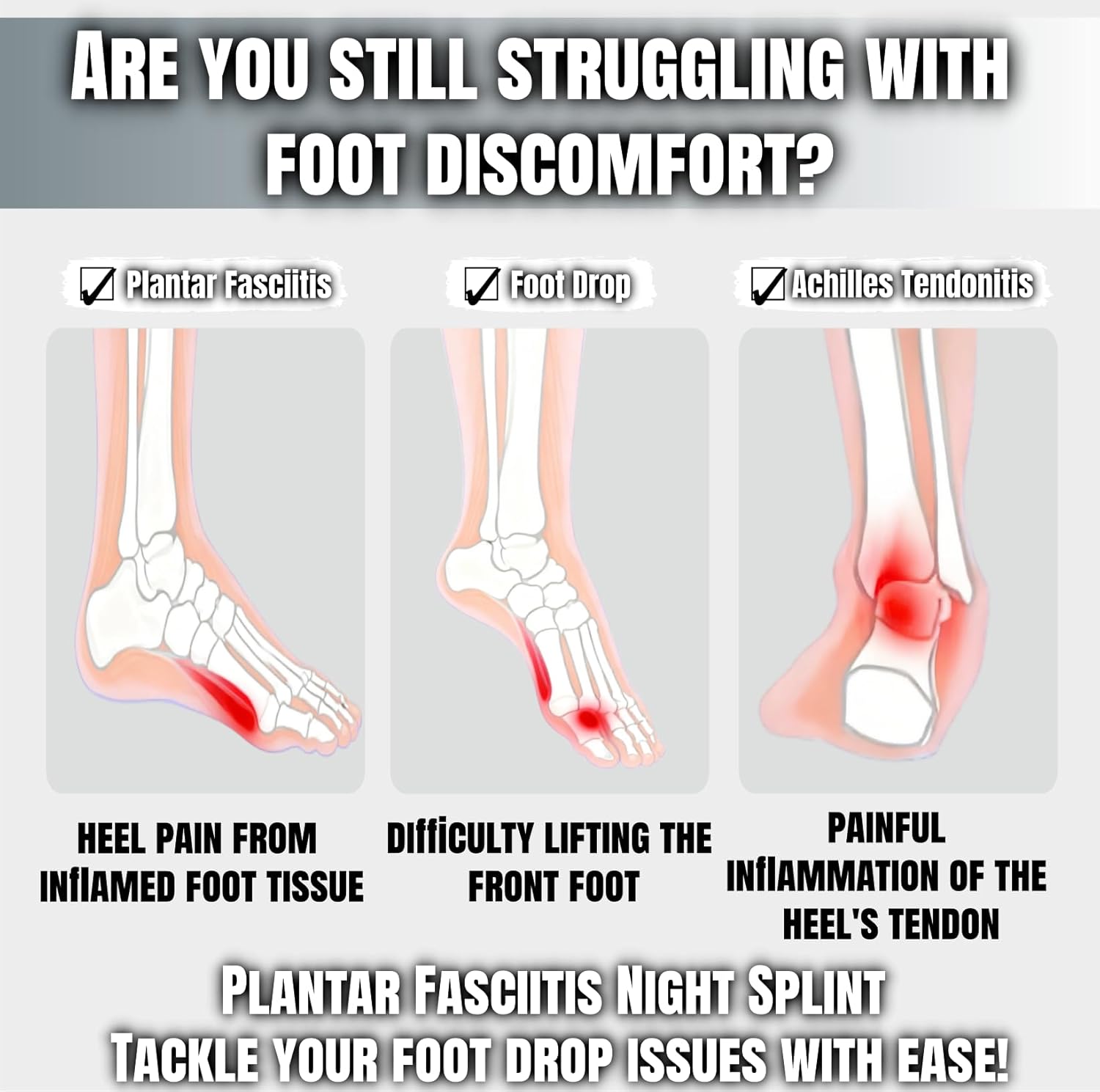 Plantar Fasciitis Night Splint for Women & Men - Planters Facetious Relief, Upgraded Brace with 3-Point Support for Foot Drop & Achilles Tendonitis (Gray) - Image 2