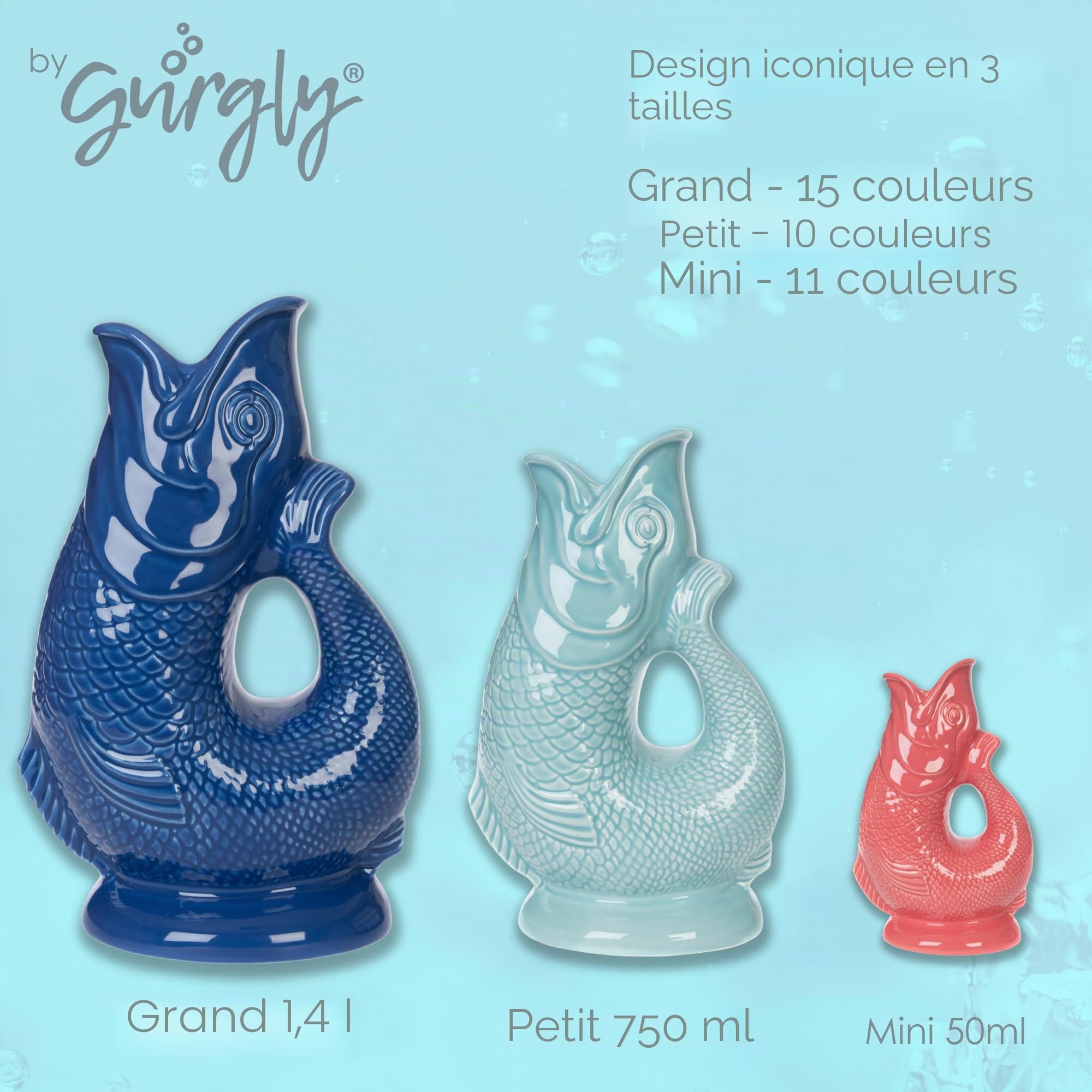 Carafe glouglou emblématique Gurgly, verte sauge, Petit format 23cm, 750ml - Pichet à eau en forme de poisson, vase décoratif, ornement, carafe