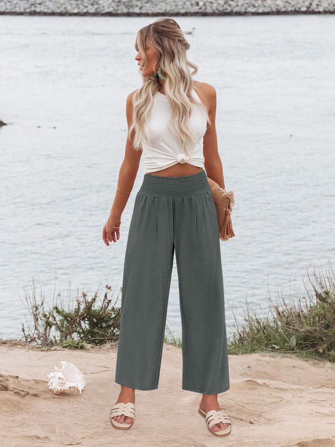 Angerella Women's Wide Leg Pants Casual High Waisted Palazzo Pants Summer Flowy Beach Lounge Trousers with Pockets - Image 2
