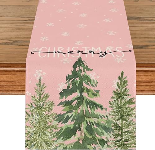Camino de mesa rosa de 13 x 72 pulgadas, camino de mesa de copo de nieve en acuarela de Navidad para invierno, vacaciones, casa de campo, camino de