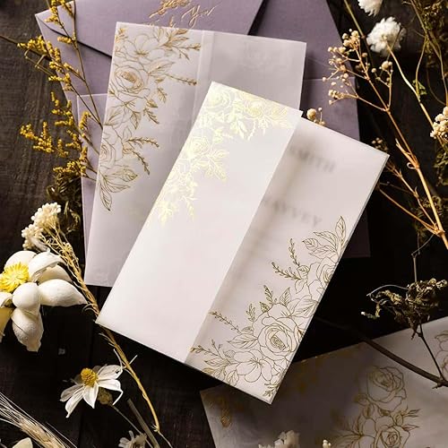 Miniatura 3 de Puremigo Paquete de 50 chaquetas de vellum preplegadas para invitaciones de 5 x 7 pulgadas, patrón de lámina de oro rosa, chaquetas de papel de