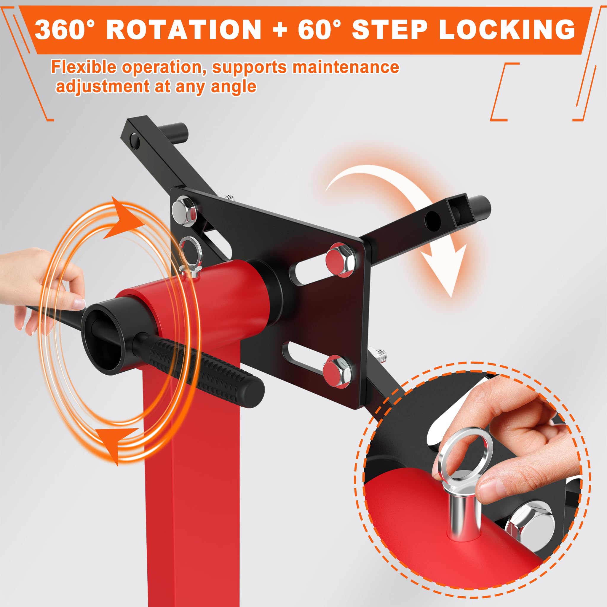 UISEBRT Soporte de motor para coche de hasta 570 kg, elevador de motor con cabeza giratoria de 360 ° y 4 brazos ajustables, soporte de motor de acero, soporte para engranajes con 4 ruedas y mango