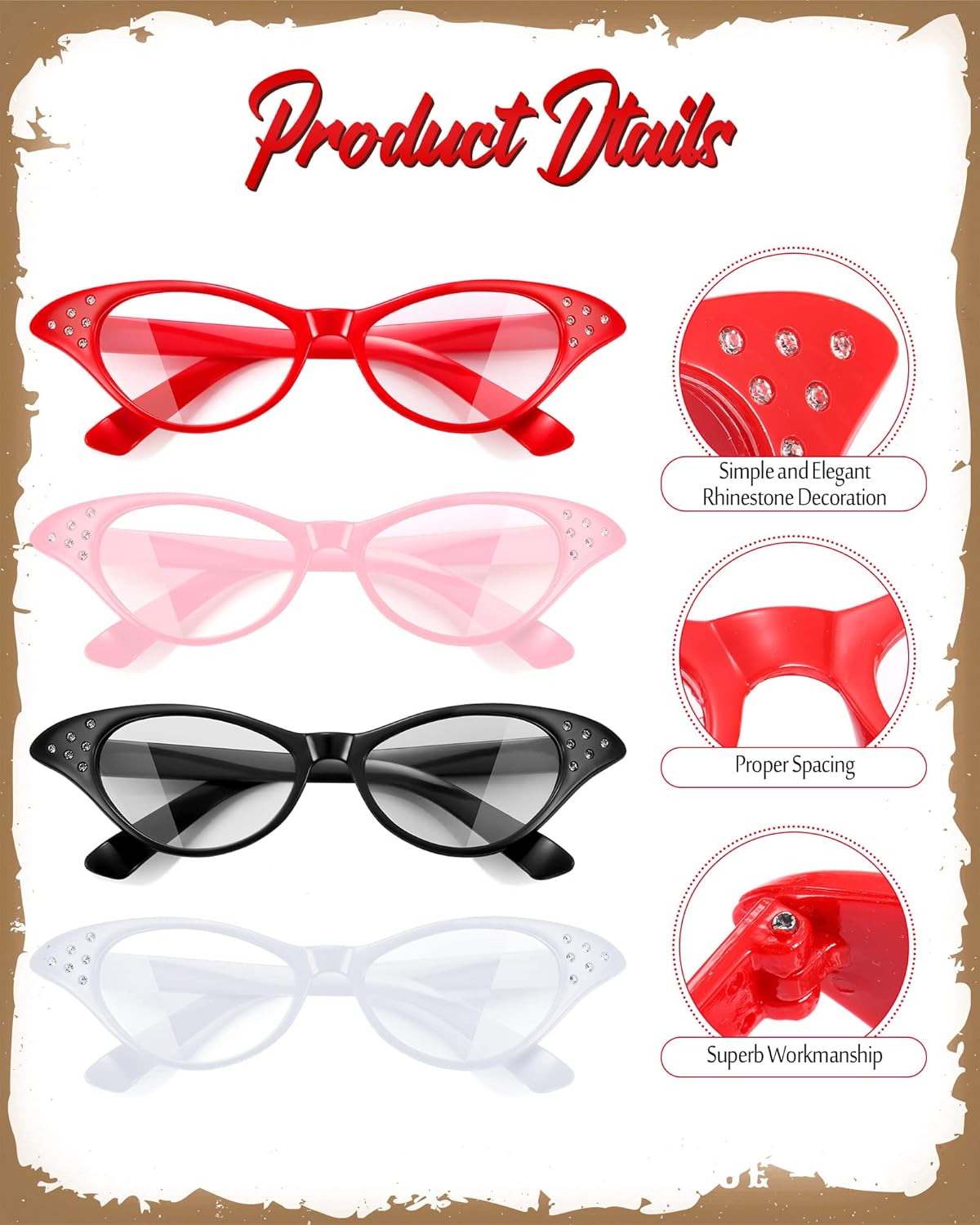 Miniatura 2 de JOVITEC 4 gafas de ojo de gato con diamantes de imitación de los años 50 y 60 para disfraz de fiesta de hip hop, Halloween, recuerdo de fiesta