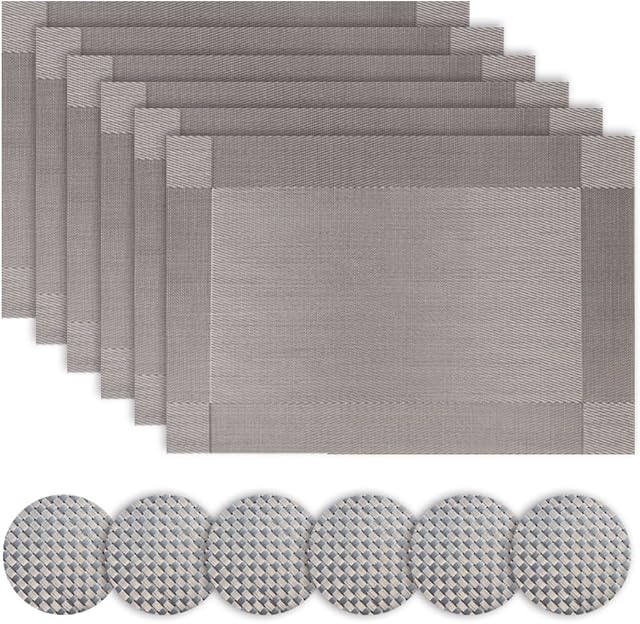 Homcomodar Silver Table Place Mats and Coasters Sets of 6 (Grey)