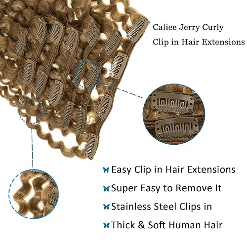 Miniatura 10 de Caliee Extensiones de cabello humano rizado Jerry de 14 pulgadas de dos tonos, color marrón oscuro #4 con color rubio fresa #27, 3B 3C, doble trama