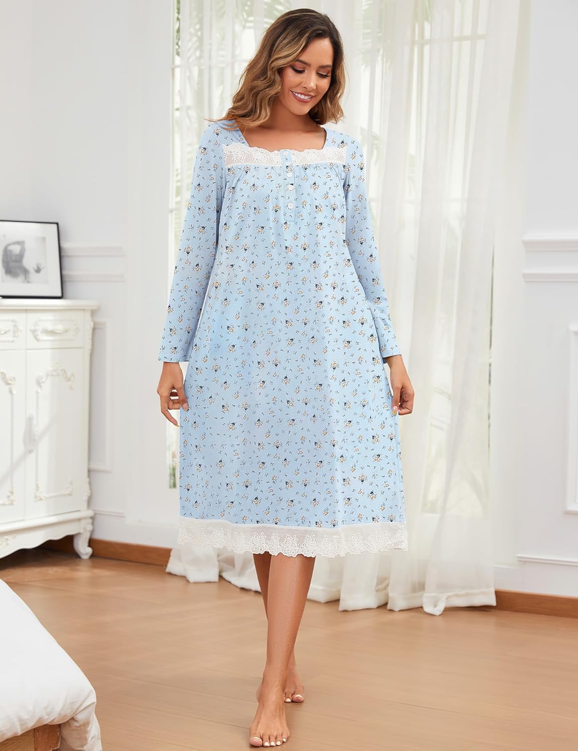 Bloggerlove 100% Cotton Nightgowns for Women Button Down Long Sleeve House Dress Lace Nightdress with Pockets - Image 5
