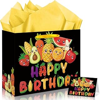 Dancing Fruit Birthday Gift Bag for Kids Boys Girls Baby Shower Fruits Happy Birthday Bag with Wrapping Paper Card Large Colorful Gifts Bags for Dancing Fruit 1st Bday Decorations Party Supplies
