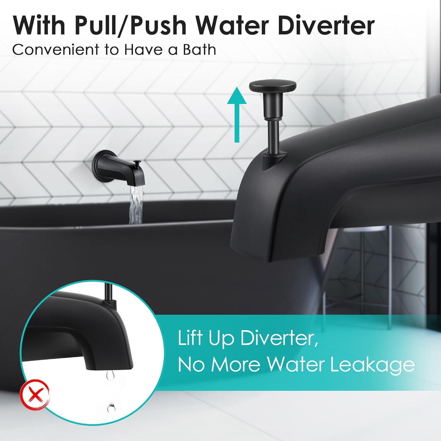 Universal Bathroom Tub Spout with Metal Tub Spout Cover Ring, 5 1/4 Inches Reach Wall Front Mount Faucet with Shower Diverter 1/2" IPS Inside Thread(Matte Black)
