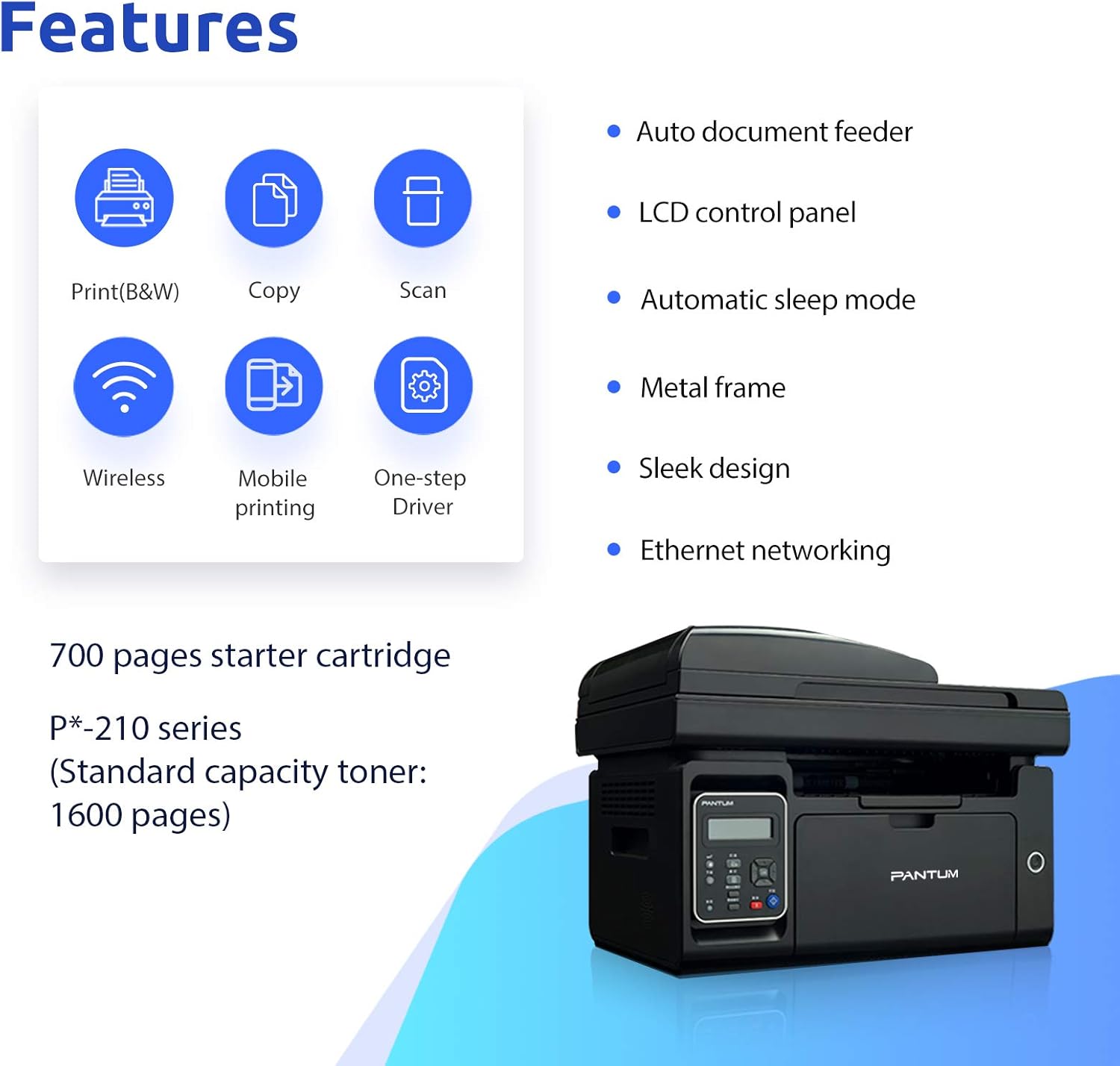 Pantum M6550NW/M6552NW Printer features icons