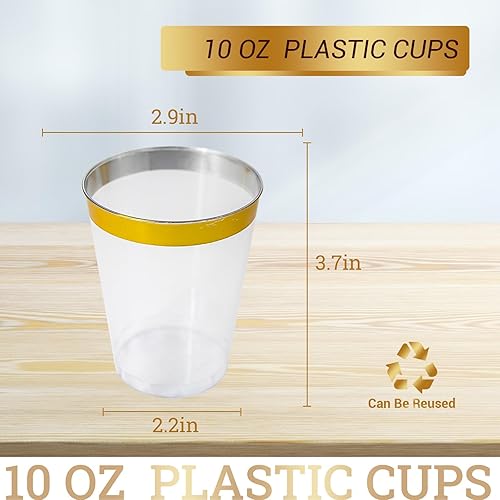 Miniatura 2 de 100 vasos de plástico dorados, vasos de plástico desechables de 10 onzas para fiestas, vasos desechables de plástico duro con borde dorado para