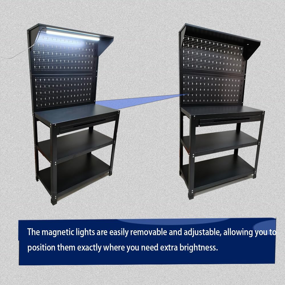 Workbench with Pegboard Include 22 Hooks Heavy Duty Work Bench Workstation 3 Shelves with Light for Garage, Workshop