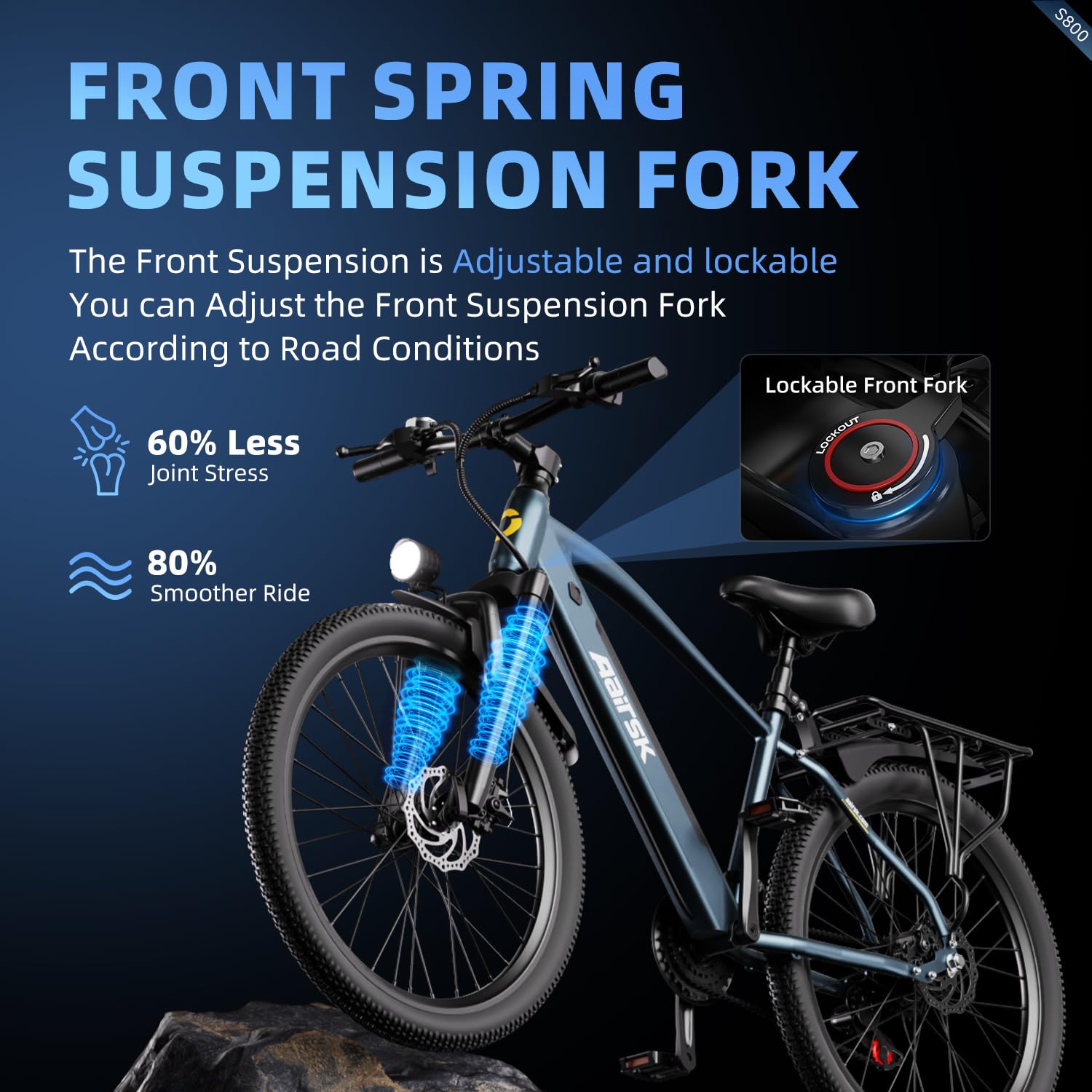 S800 Vélo électrique 26" pour homme et femme avec batterie 36 V 13 Ah, moteur de 250 W, 25 km/h, autonomie de 75 km, dérailleur à 7 vitesses