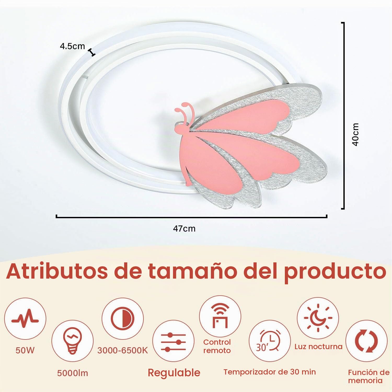 Lámpara de Techo LED Mariposa 48W Regulable con Mando, 4800lm, 3000–6500K, Luz Nocturna, Temporizador, Memoria, Lámpara Moderna para Dormitorio y Habitación Infantil, 47×40cm, Metal