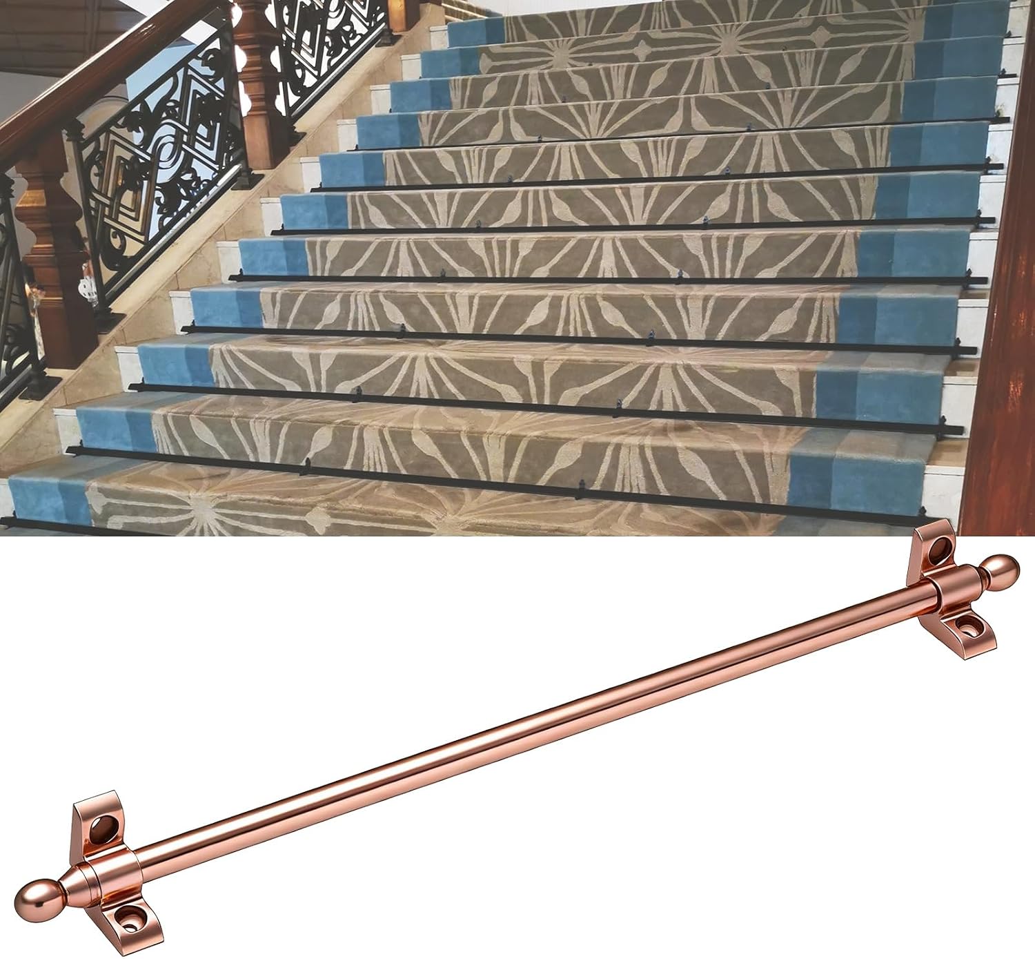 48in Stair Rods for Carpet - Easy Install Rug Bars with Oval Finials & Tubular Brackets, Silver - Secure Your Staircase with Stylish Décor,Rose Gold,50in(127cm)