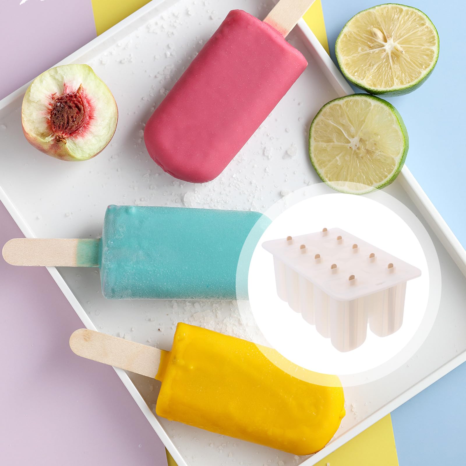 SECFOU Moule à Glace Réutilisable Facile à Démouler Couleur Aléatoire Estivales en Silicone avec 10 Cavités et Autocollants en Bois pour Préparer des Glaces Maison