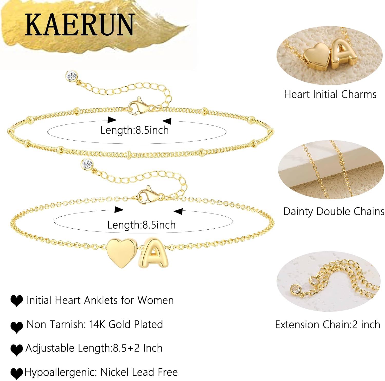 Initial Heart Gold Ankle Bracelets for Women Trendy 14K Gold Plated Dainty Layered Letter A-Z Heart Charm Anklets Set Non Tarnish Adjustable Anklet Handmade Waterproof for Summer Beach Foot Jewelry - Image 5