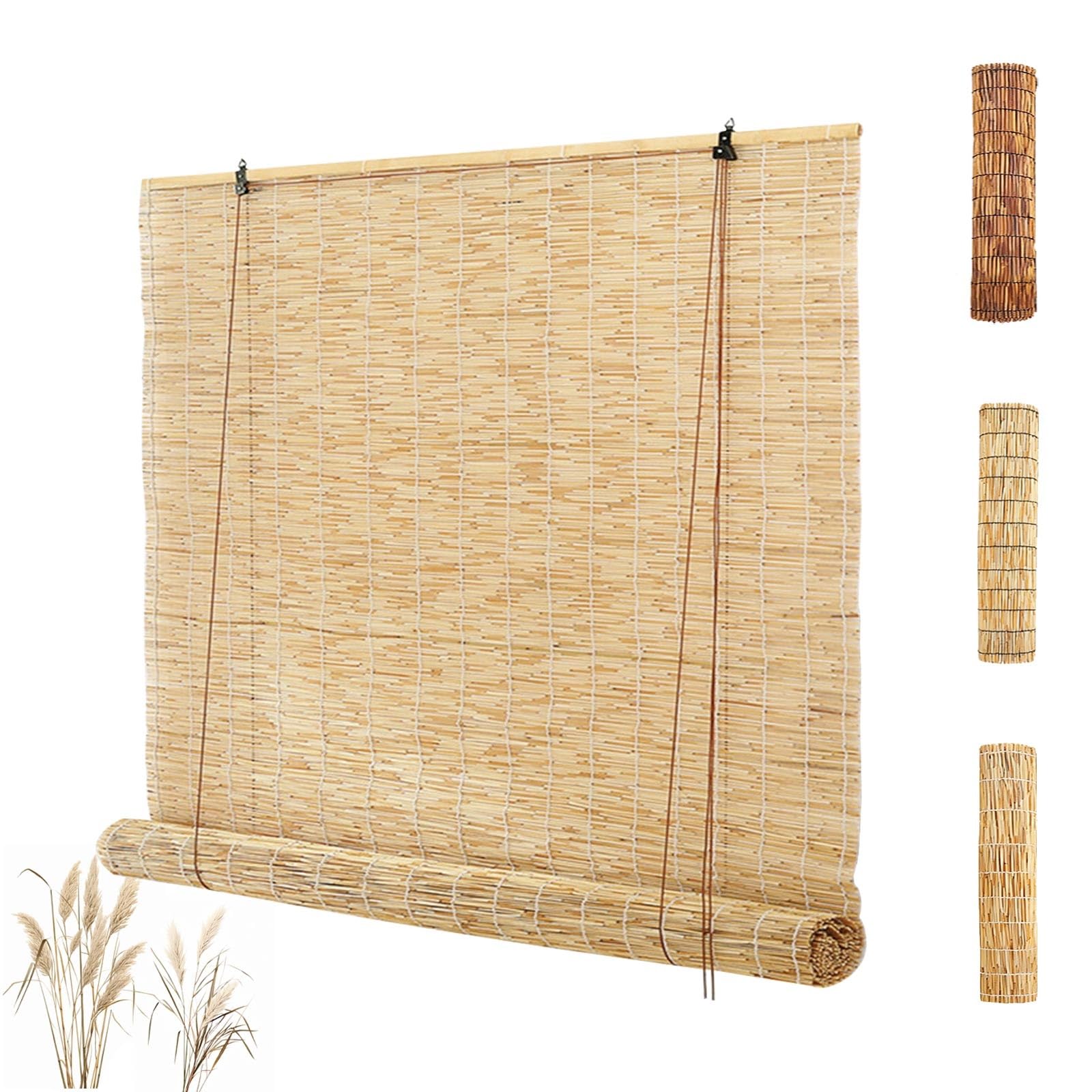Store Enrouleur Bambou Exterieur Terrasse Store Roseau Naturel 60 70 90 100 120cm Store Enrouleur Jour Nuit Store Romain en Bambou avec Passant pour Jardin Véranda(Natural White Line,W120 x H120cm)
