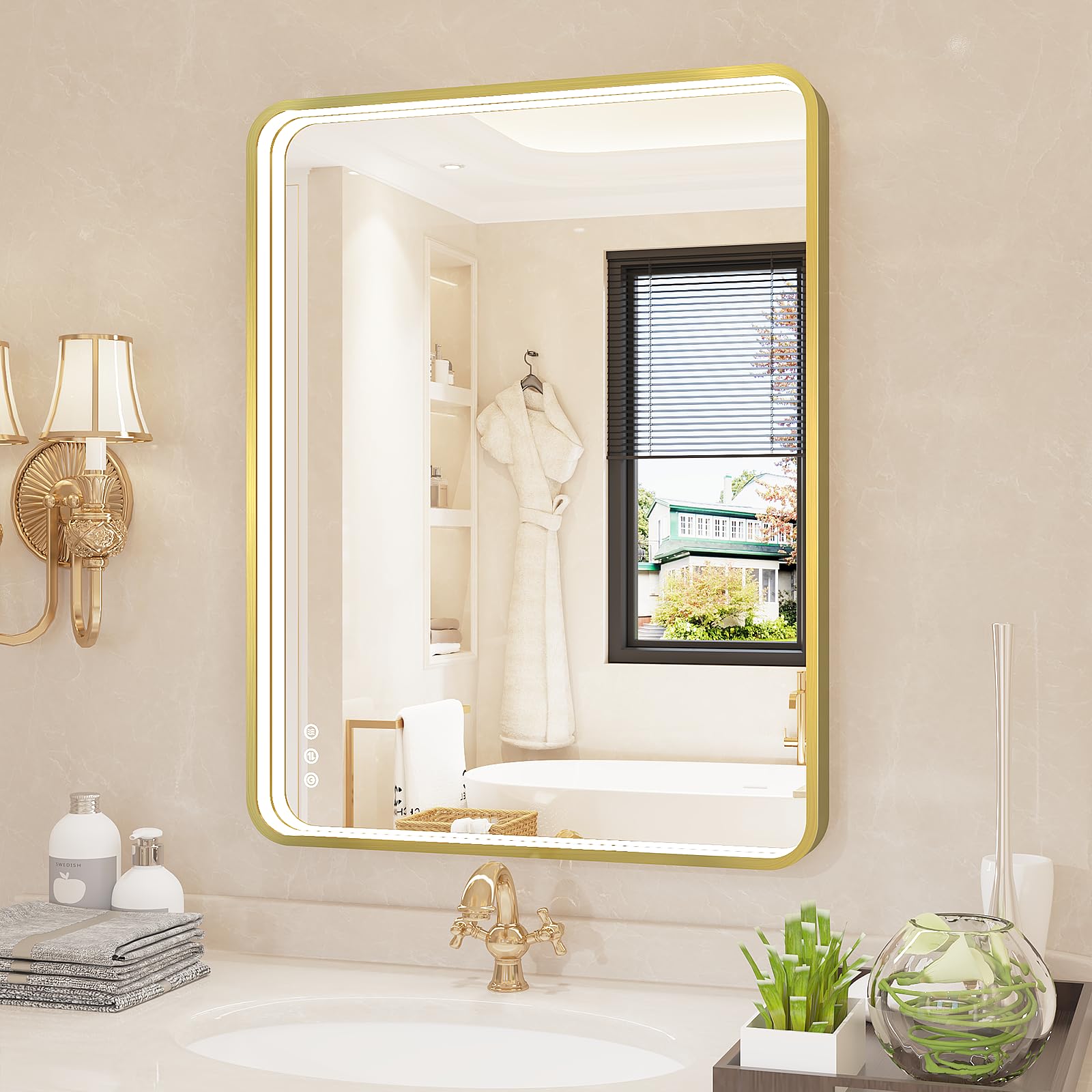LED Bathroom Mirror with Lights, 28x36 Inch Gold Metal Framed LED Mirror for Bathroom, 3 Colors and Stepless Dimmable Wall Mounted Lighted Bathroom Vanity Mirror, Anti-Fog, Memory