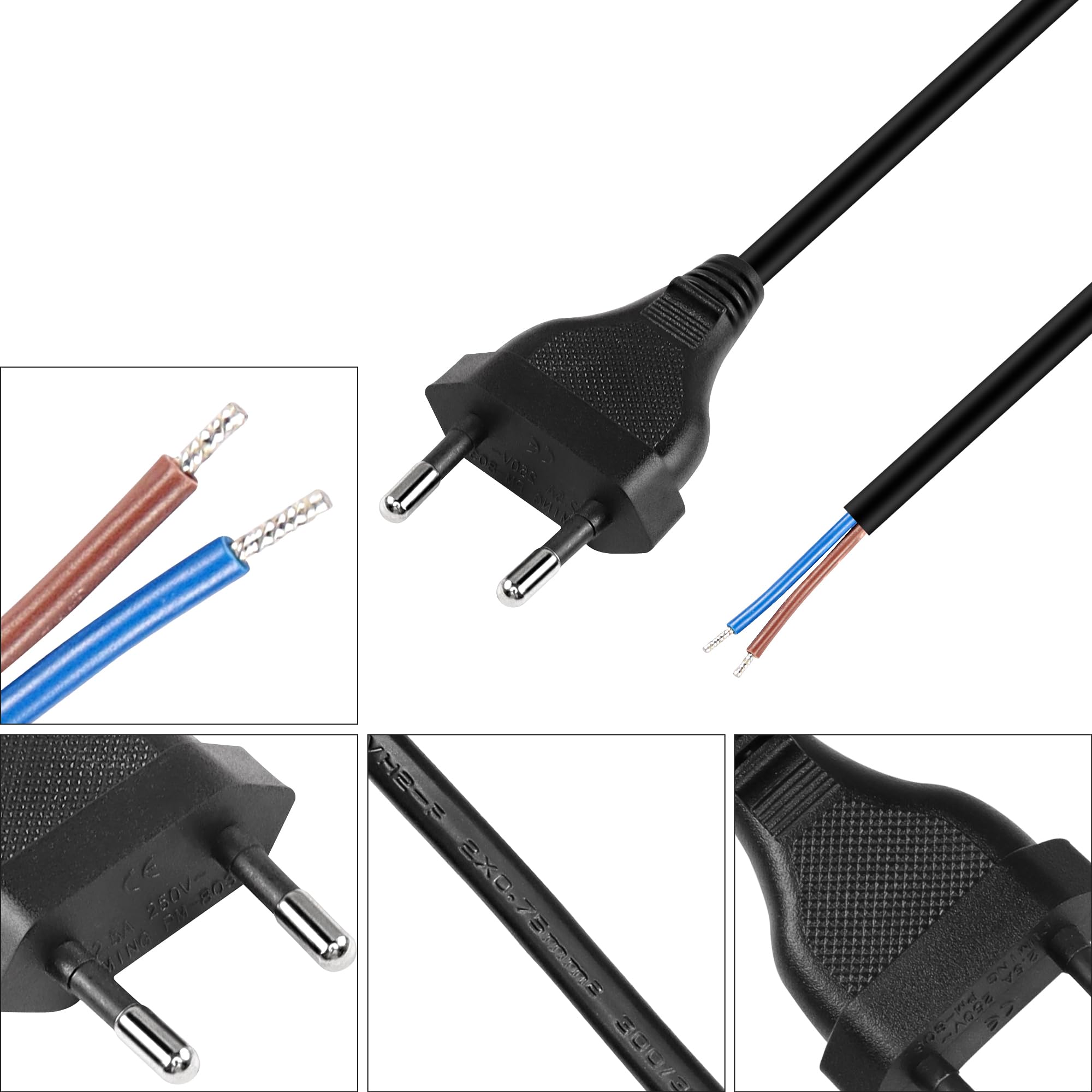 MEIRIYFA EU 2-poliges Netzkabel 2er Set (1m) – Ersatzkabel Für TV, Konsolen, Player & Haushaltsgeräte