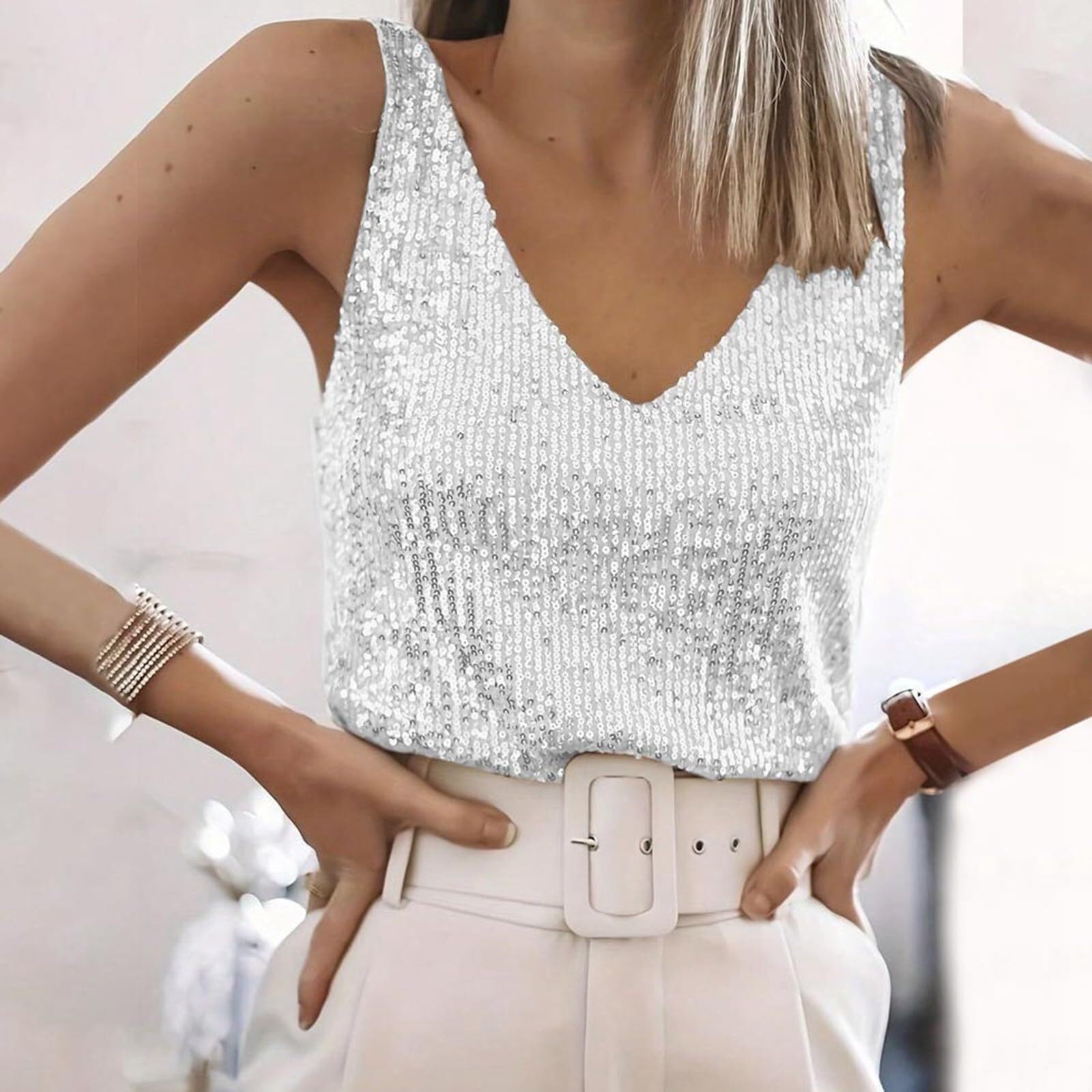 Mujer Brillo Top V Cuello Fiesta Lentejuelas Sin Mangas Plata Concierto
