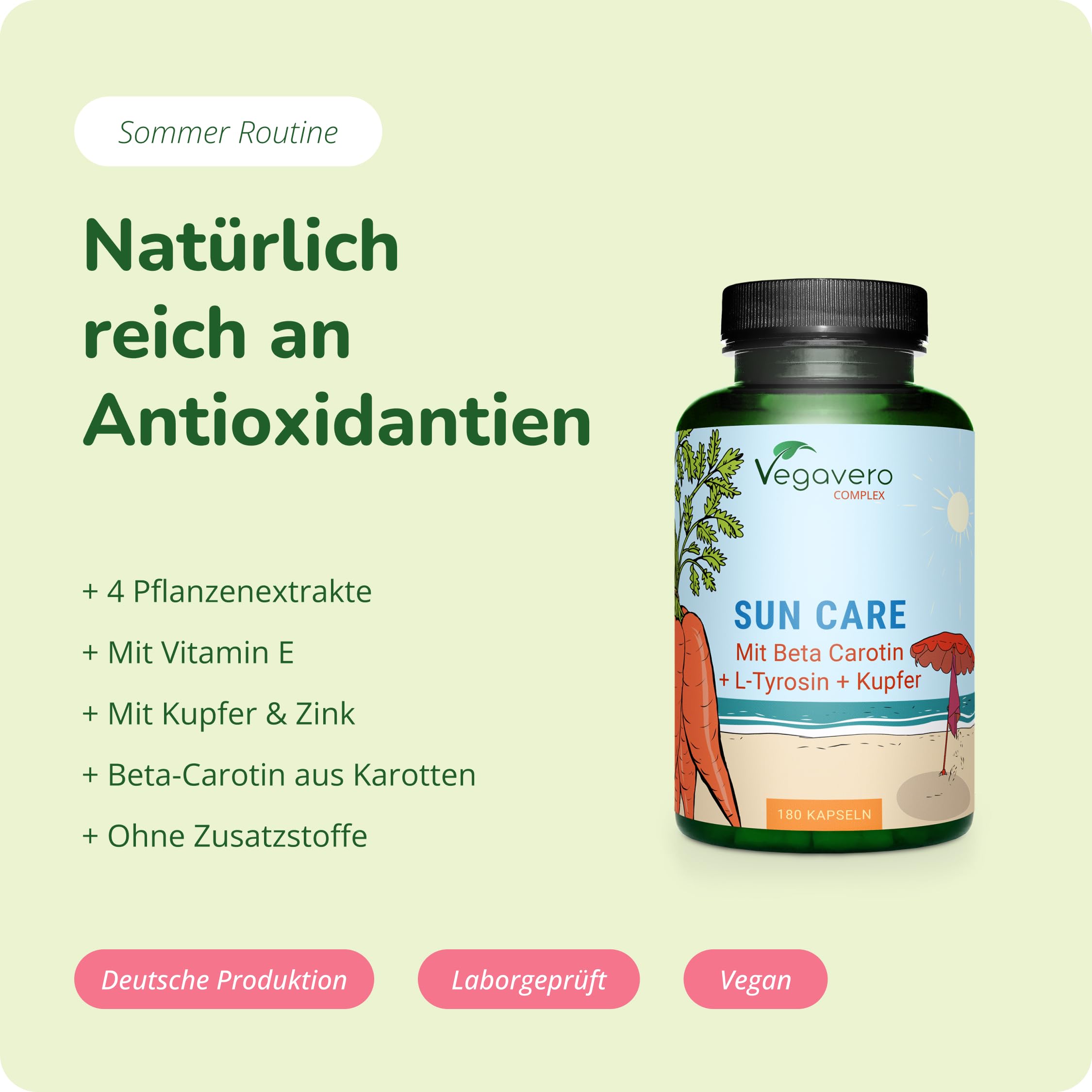 Sun Care Komplex Vegavero | 180 Kapseln | Bräunungskapseln | Beta Carotin, Vitamin E, Olivenblattextrakt, Tyrosin, Lycopin, Zink, Kupfer | Vegan & Ohne Zusätze