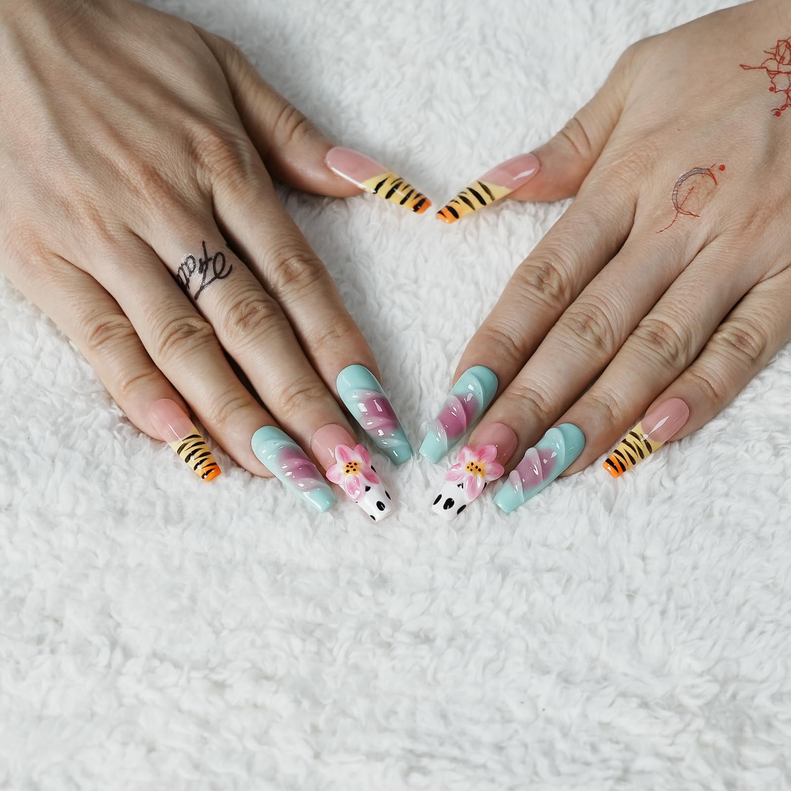 Handmade Press on Nails Long Coffin Muti-Layer Gel Fake Nails - 3D Lotus Flowers & Tiger Print, French Tip Glossy Thick Acrylic Nails (Playful Zebra with Lotus,S): S Cute Snowman