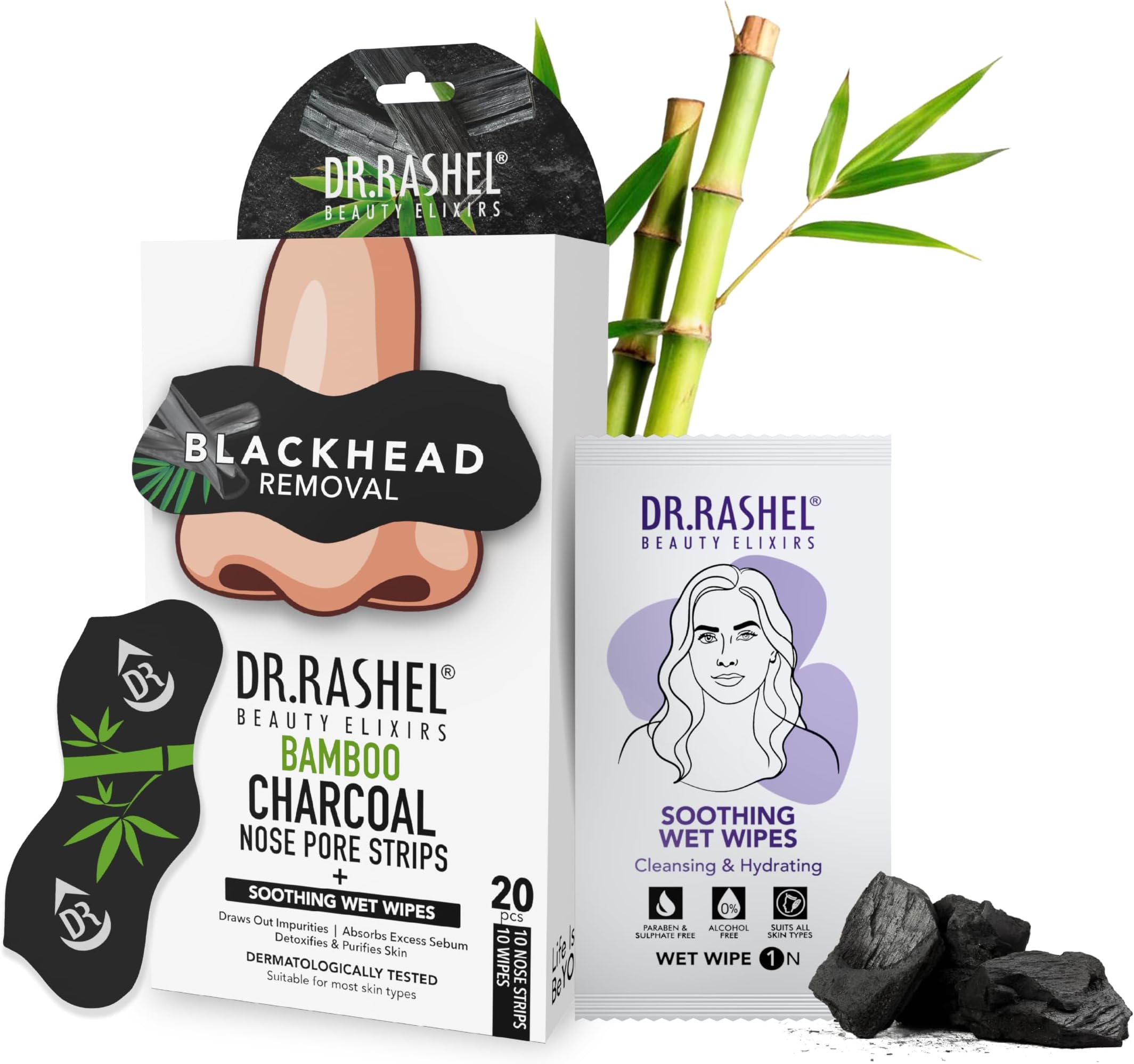 DR.RASHEL Beauty Elixirs Bamboo Charcoal Nose Pore Strips for Blackhead Removal, Activated Charcoal Deep Cleansing & Oil Control, Painless Pore Care for Men & Women, Pack of 20 (10 Strips + 10