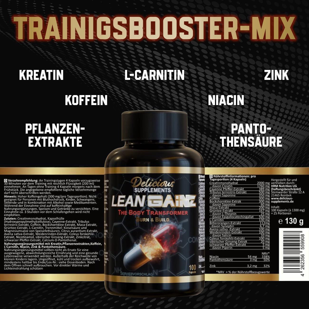 Lean Gainz Koffein Kapseln 300 mg pro Portion – mit Kreatin, L-Carnitin & Zink – 200 Kapseln für 50 Tage – hochdosierter Energie Booster & Pre Workout – Made in Germany