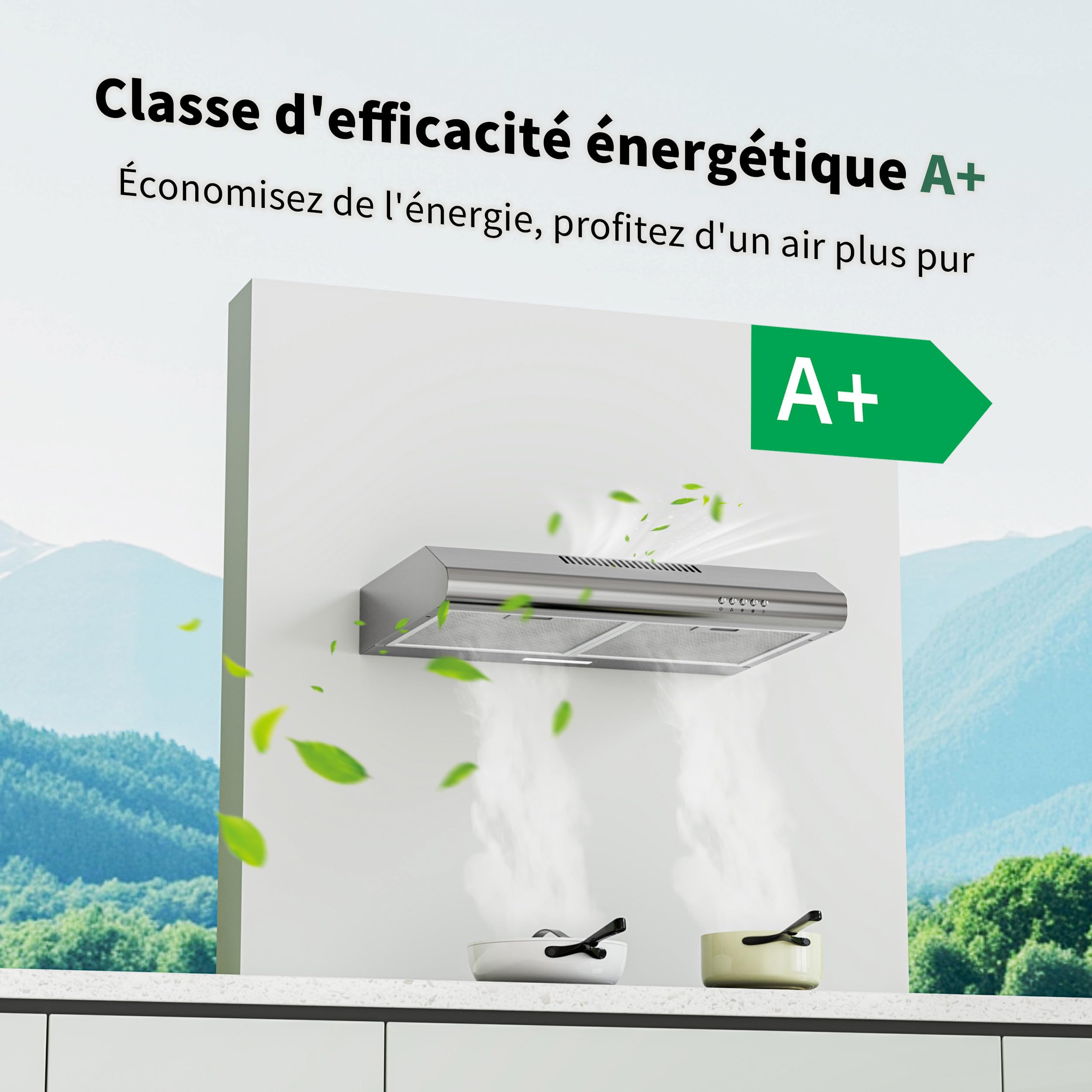 FIREGAS Hotte Aspirante 60 cm en Acier Inoxydable, 250 m³/h, Moteur Sans Balais, Classe A+, Silencieuse, Hotte Cuisine Encastrable ou Murale, Évacuation ou Recyclage