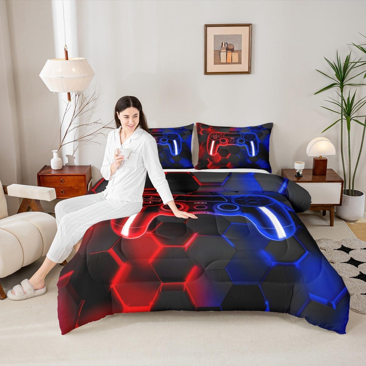 Feelyou Gamer Duvet Quilt Gaming Bedding Set for Kids Boys Girls Teens Room Decor Red Blue Game Console Comforter Set Twin Size Gamepad Honeycomb 2Pcs Breathable Soft Lightweight Microfiber