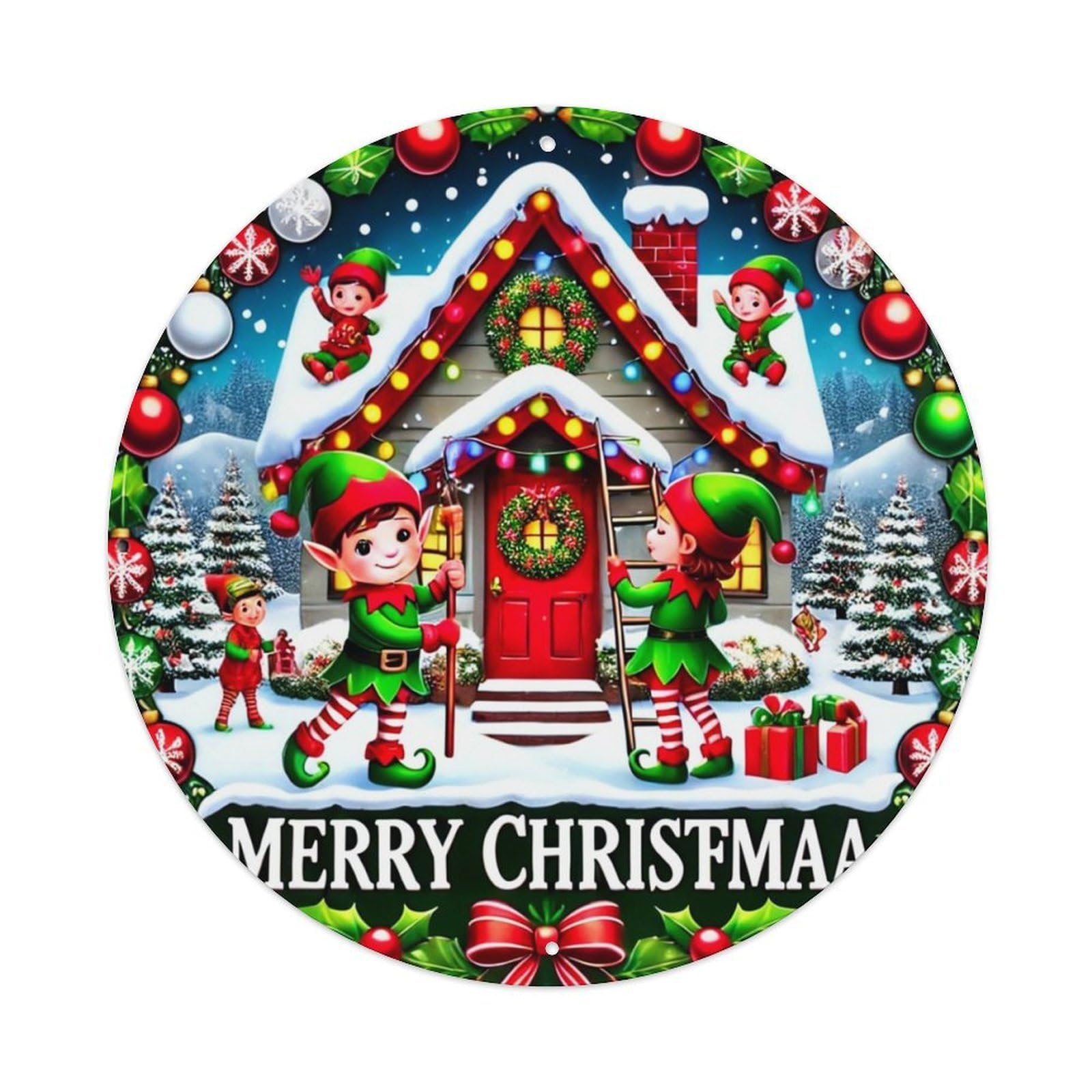 Jdyaojiesheng Vintage Christmas Elves House Snow Winter Round Tin Sign Retro Metal Wall Decor Metal Poster, Home Bar Garage Farmhouse Cafe Wall Art Decoration 8X8inch