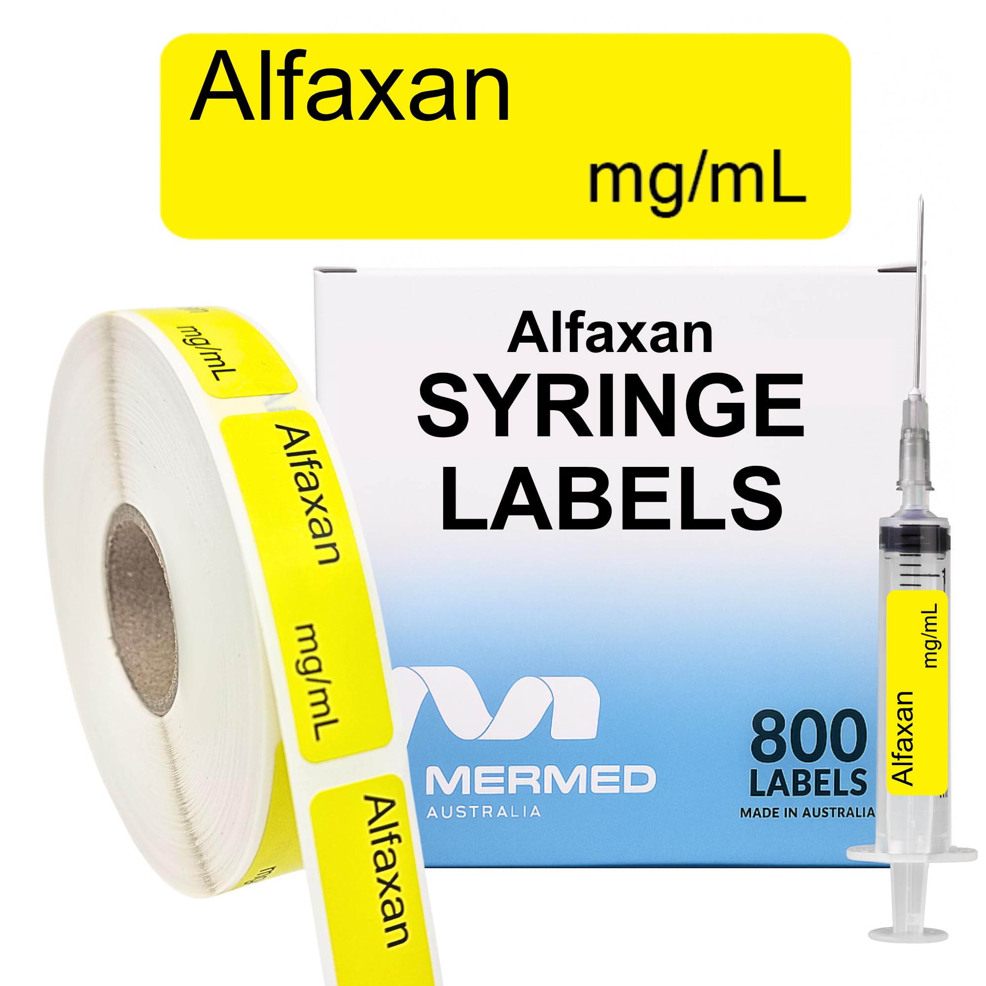 Alfaxan Syringe Labels - Box of 800 Labels on Roll (1" core). 12mm x 40mm (Approx 0.5" x 1.5"). Latex-Free Permanent Adhesive. Printed in Australia by Specialist Medical Printer โ image 1